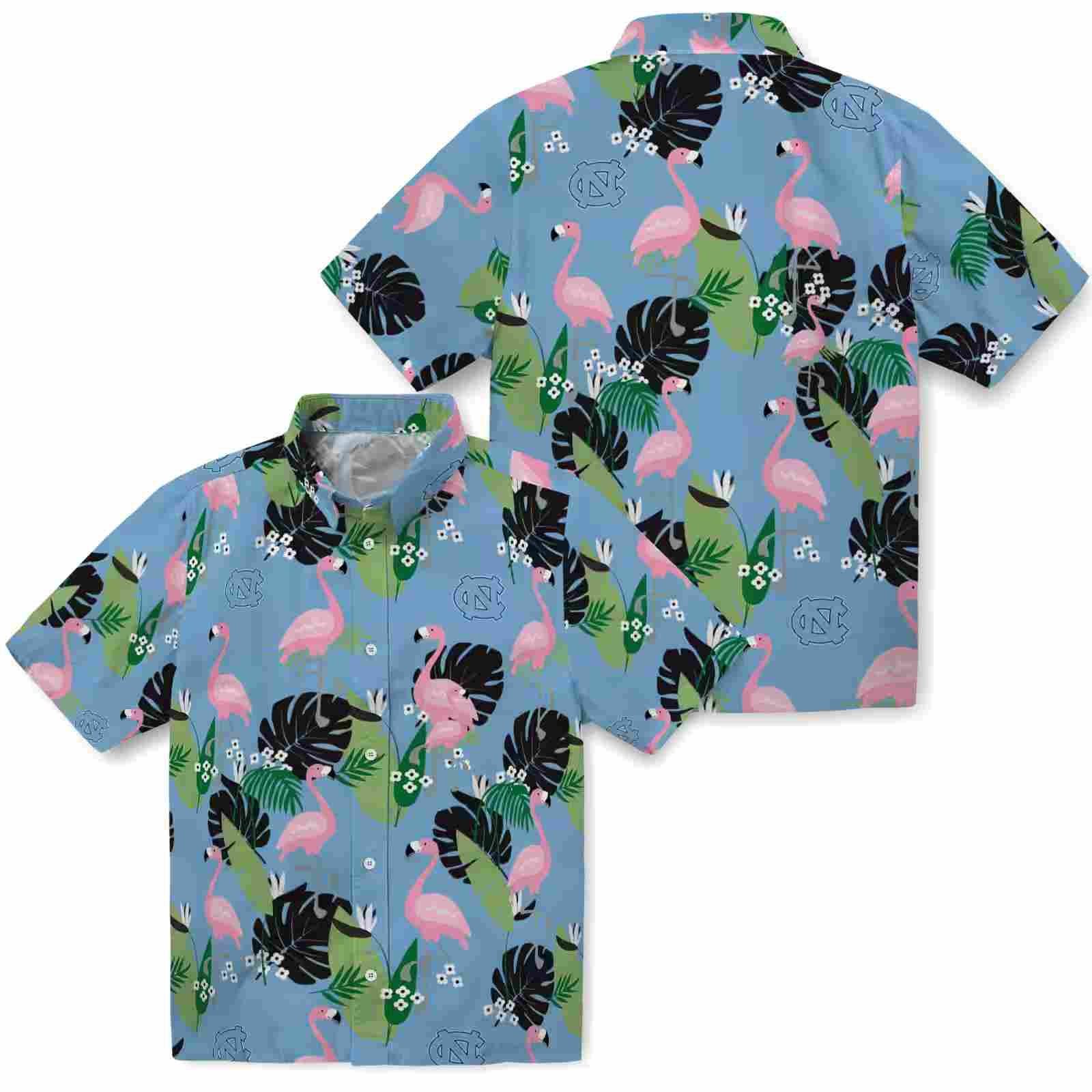 north carolina tar heels flamingo leaf motif light blue hawaiian shirt high quality