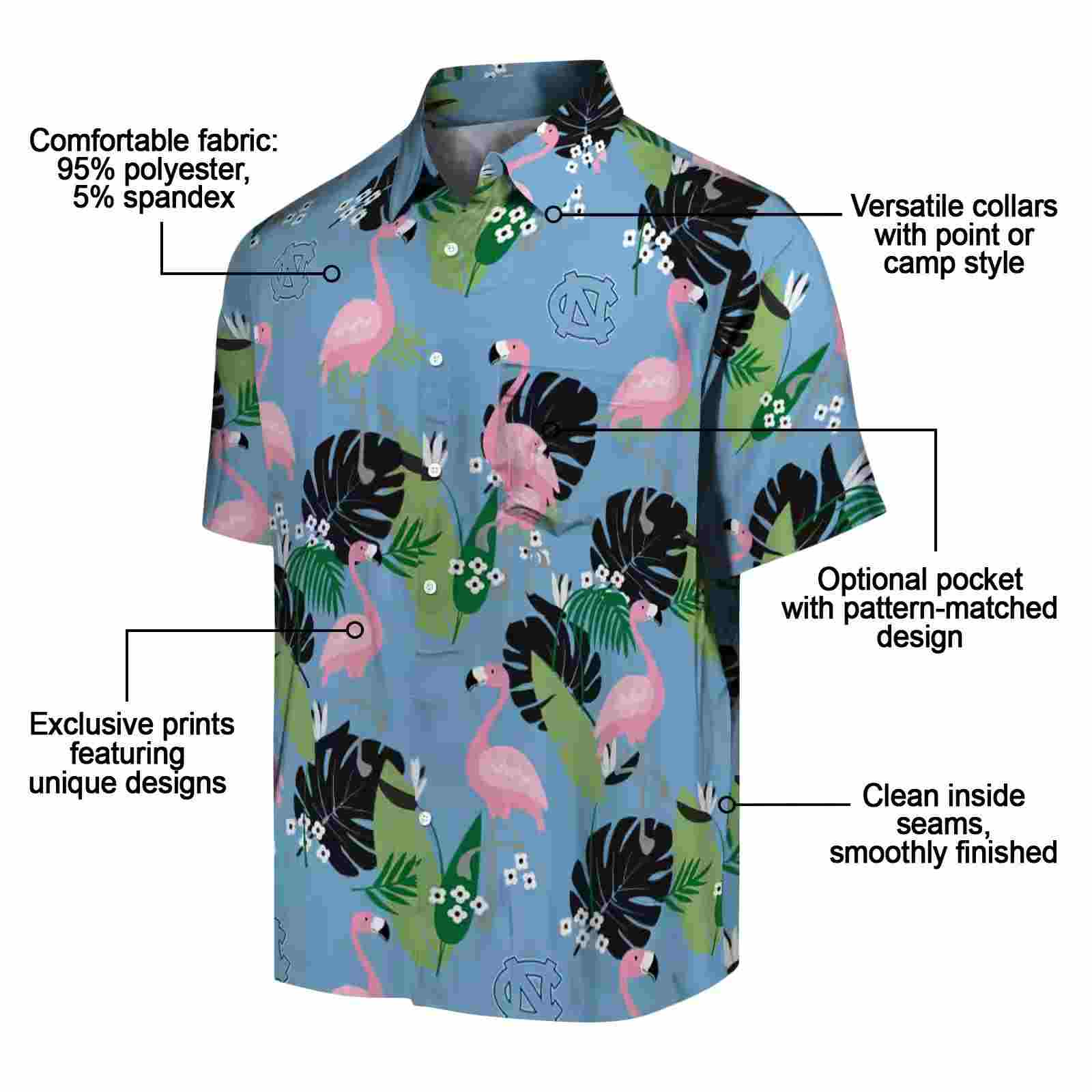 north carolina tar heels flamingo leaf motif light blue hawaiian shirt new arrival