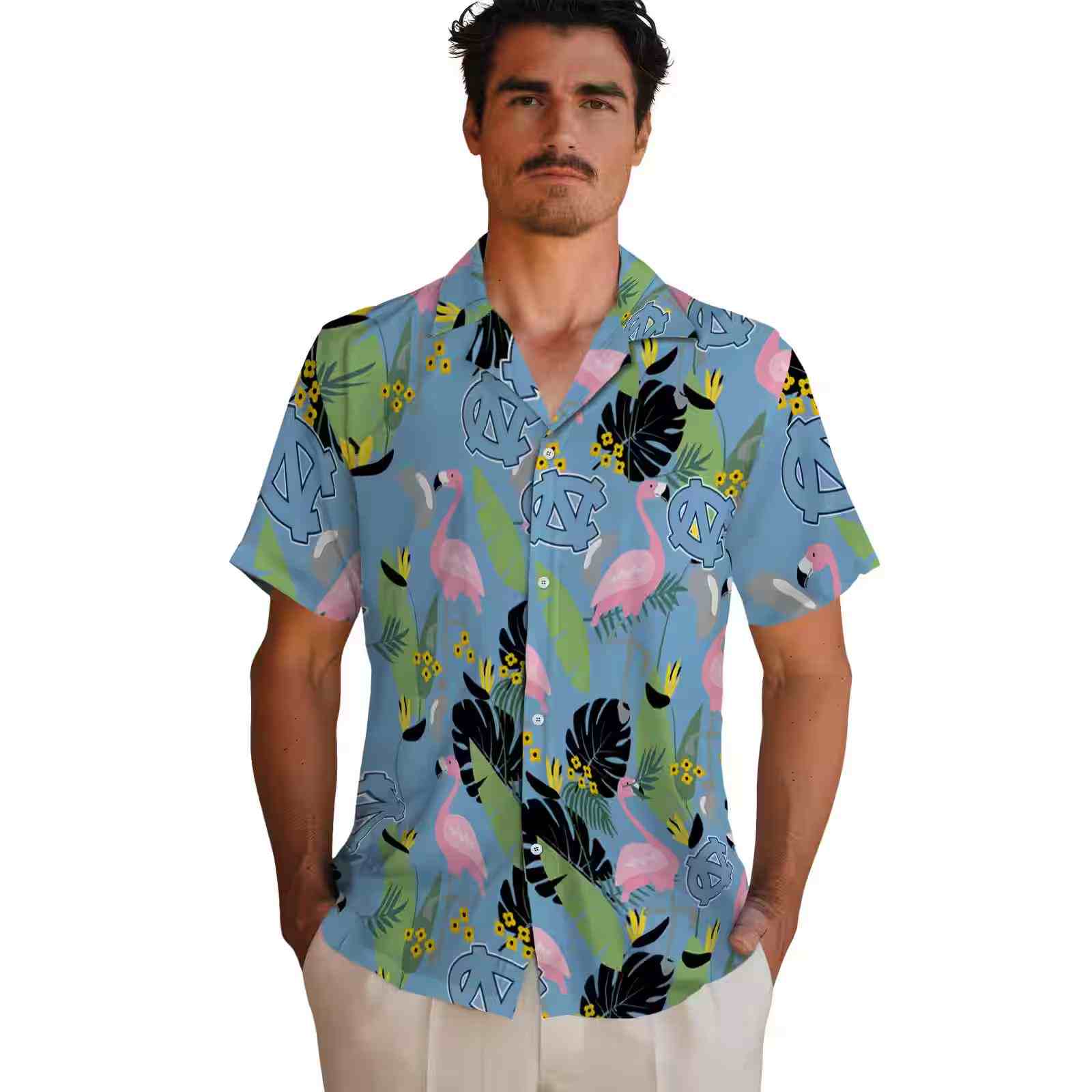 north carolina tar heels flamingo leaves light blue hawaiian shirt fashion forward