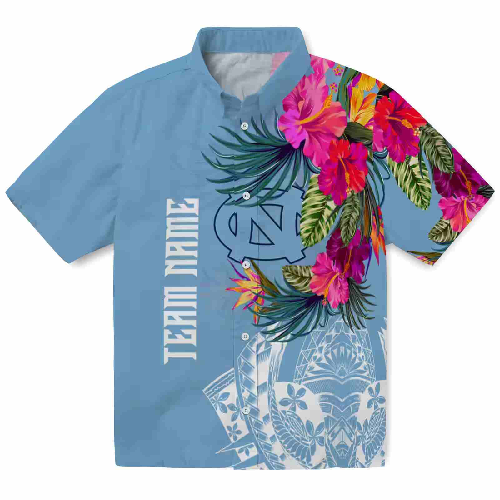 North Carolina Tar Heels Floral Polynesian Light Blue Hawaiian Shirt