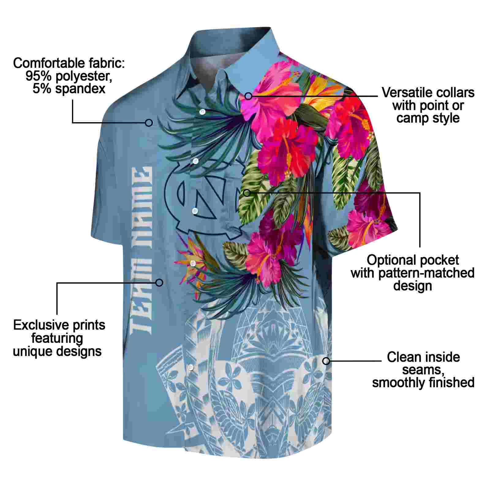 north carolina tar heels floral polynesian light blue hawaiian shirt new arrival