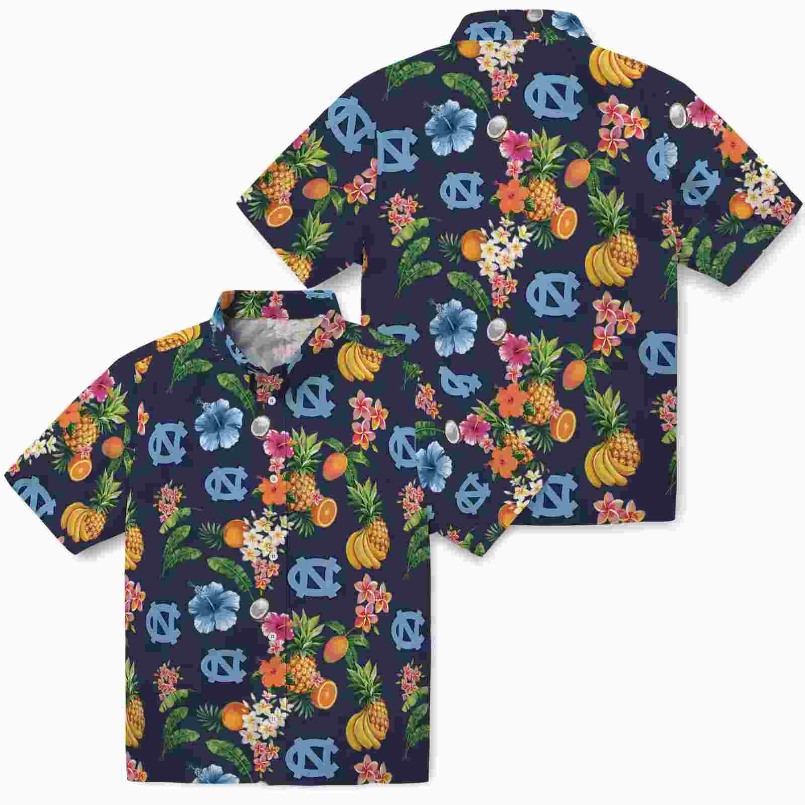 north carolina tar heels hibiscus and fruit navy blue hawaiian shirt high quality