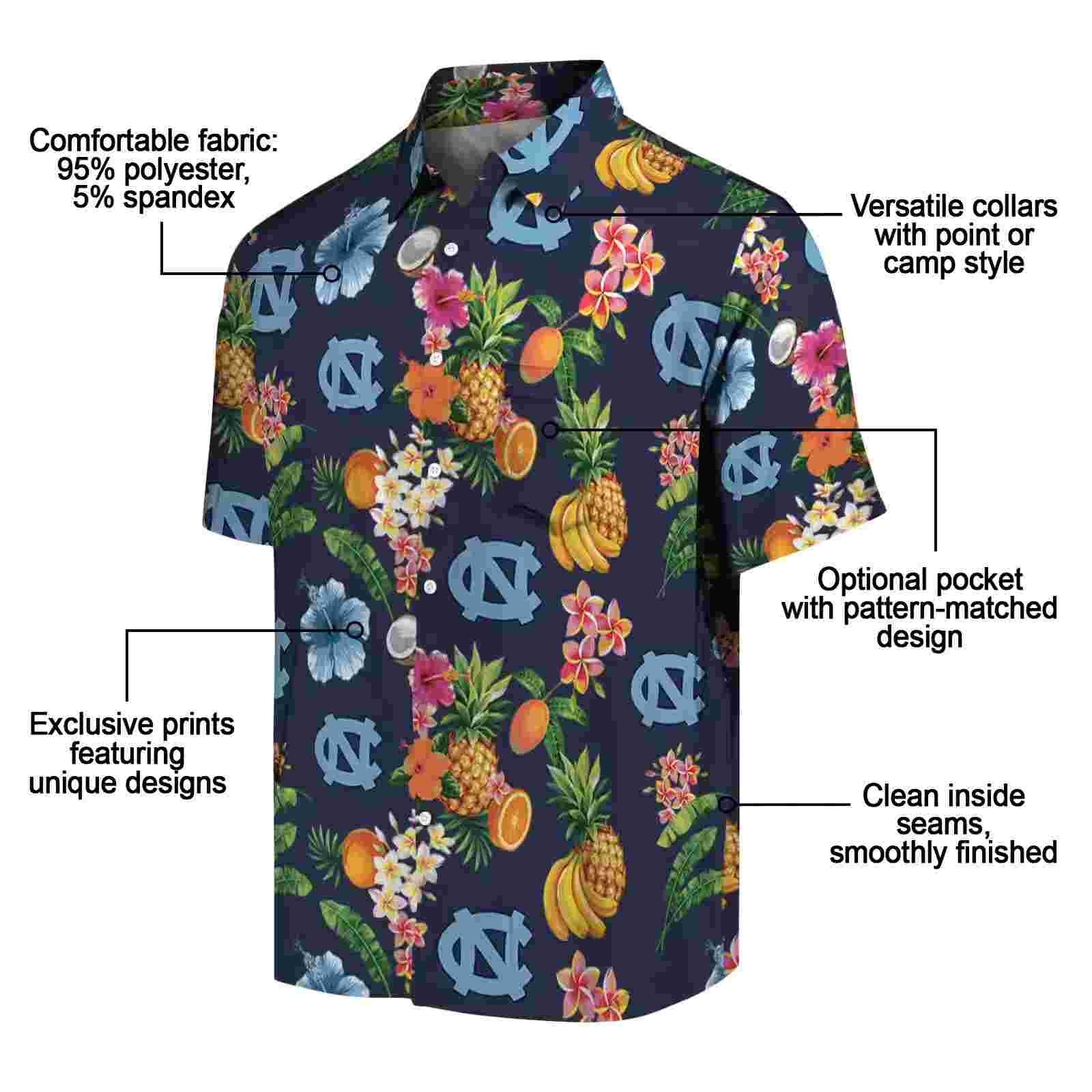 north carolina tar heels hibiscus and fruit navy blue hawaiian shirt new arrival