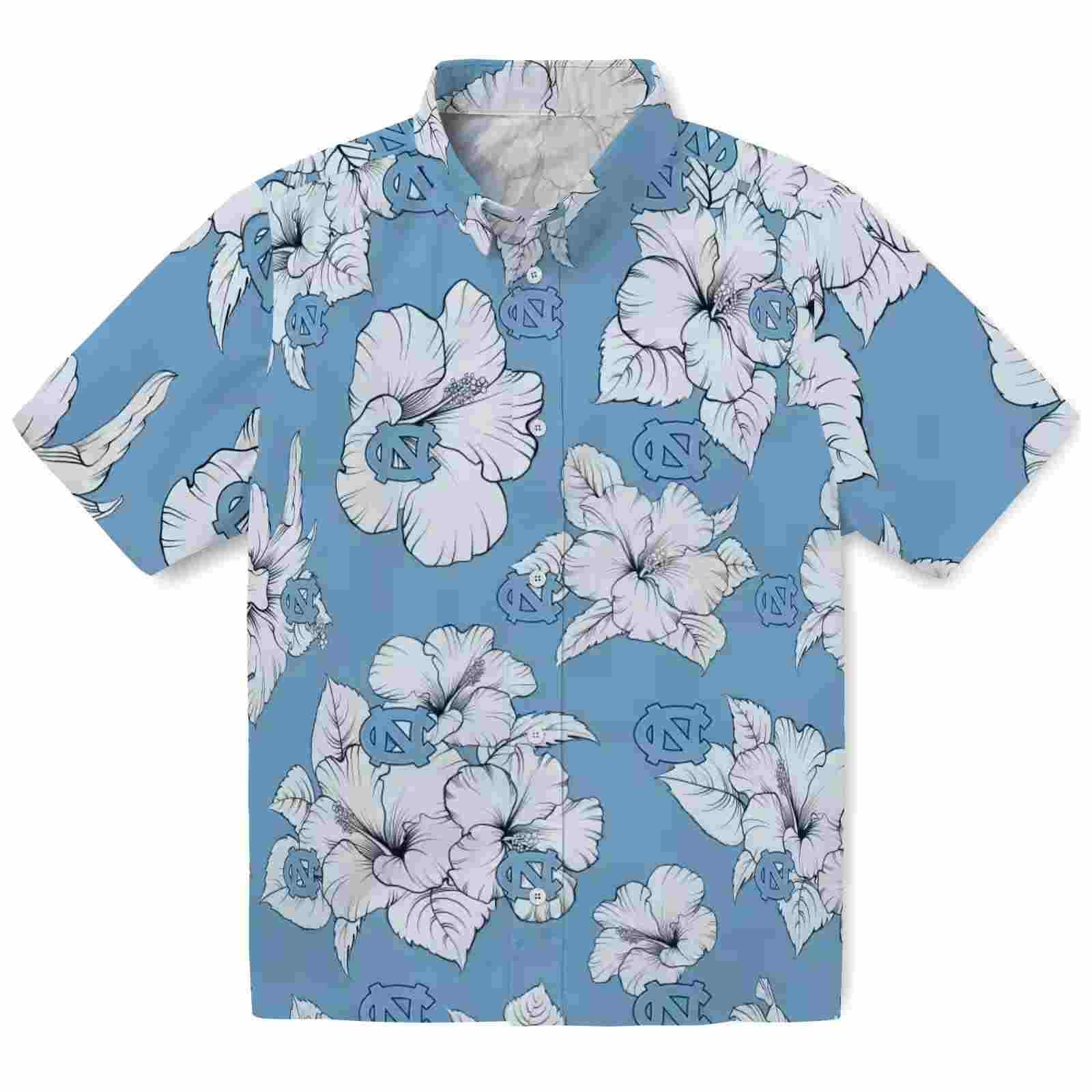 North Carolina Tar Heels Hibiscus Blooms Light Blue White Hawaiian Shirt