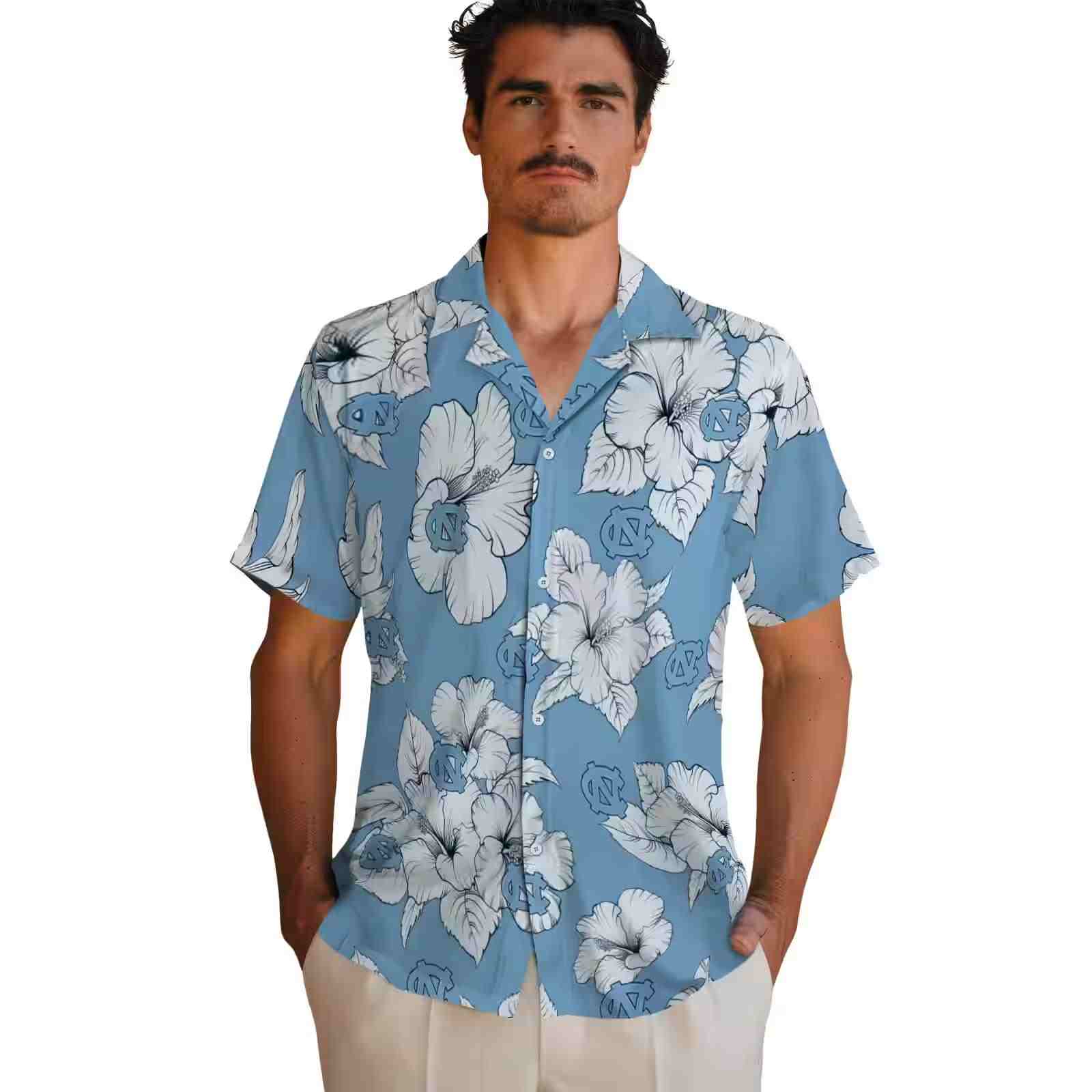 north carolina tar heels hibiscus blooms light blue white hawaiian shirt fashion forward