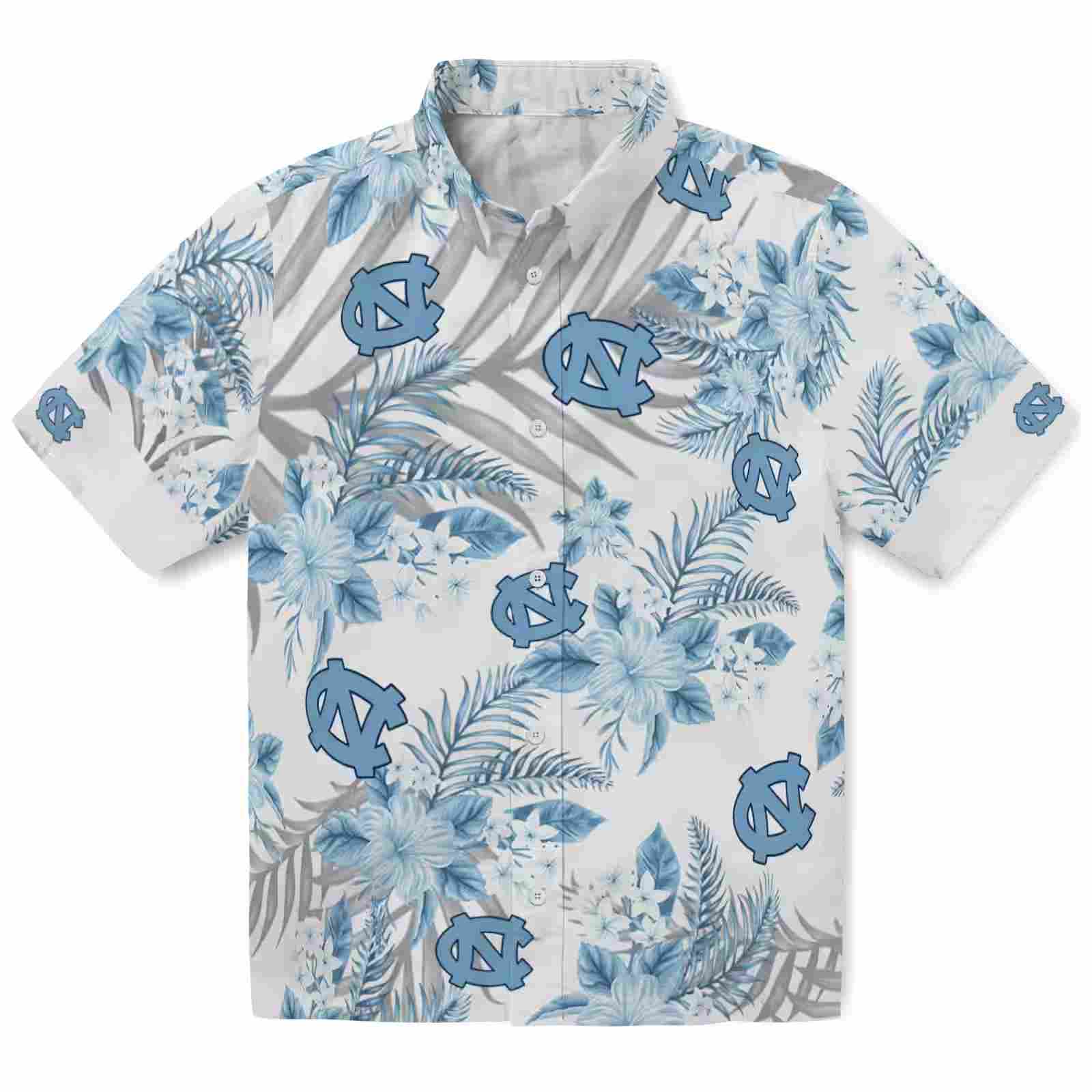 North Carolina Tar Heels Hibiscus Palm Leaves Light Blue White Hawaiian Shirt