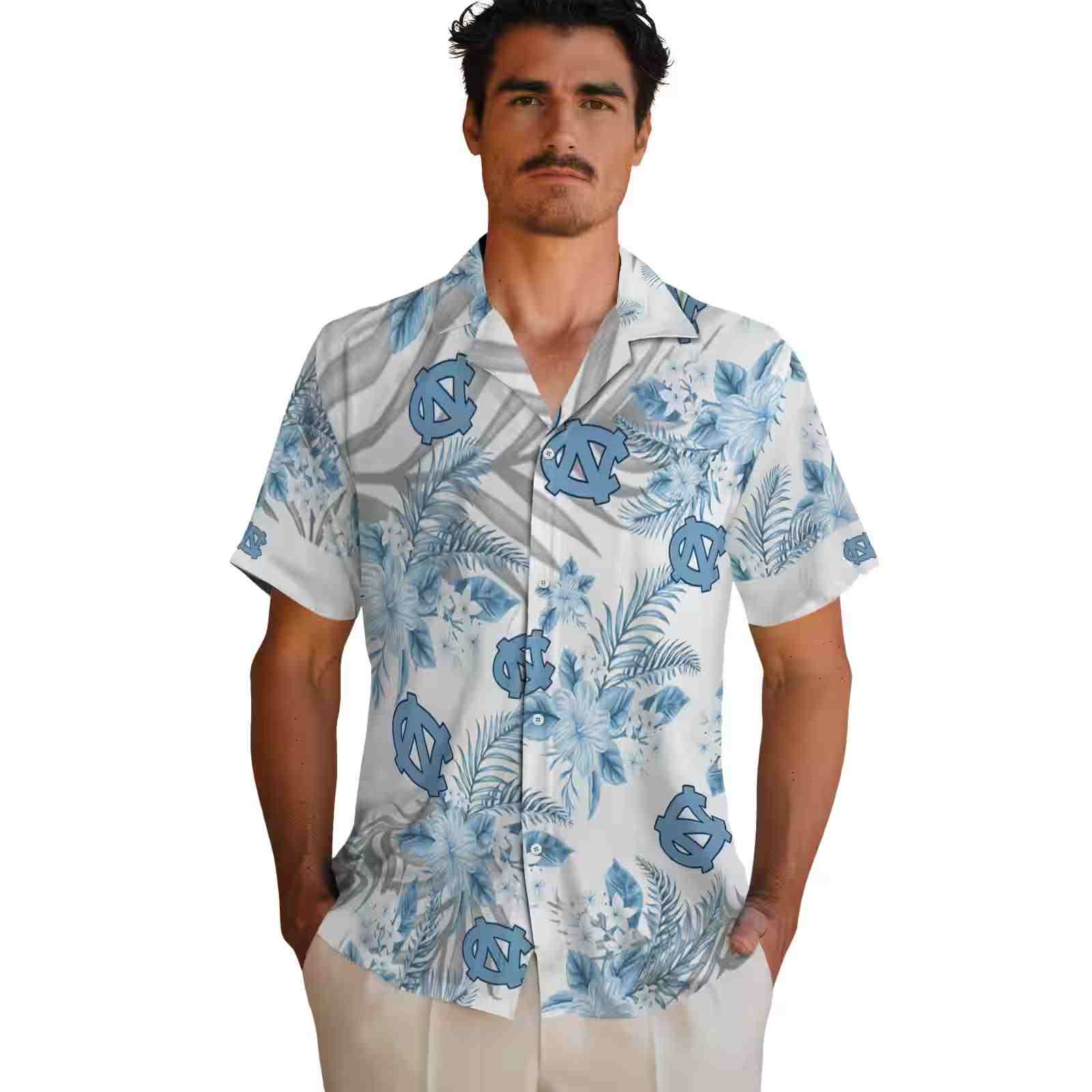 north carolina tar heels hibiscus palm leaves light blue white hawaiian shirt fashion forward