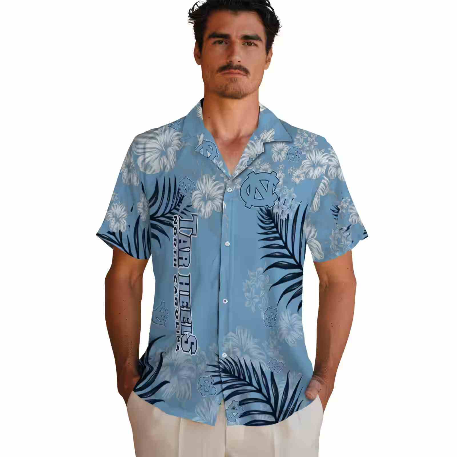 north carolina tar heels hibiscus print light blue hawaiian shirt fashion forward