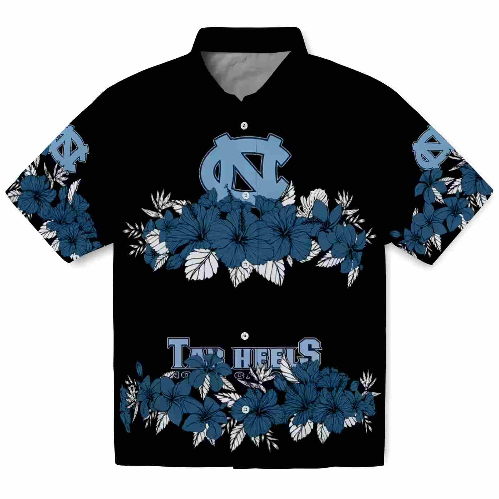 North Carolina Tar Heels Hibiscus Stripe Light Blue Black Hawaiian Shirt