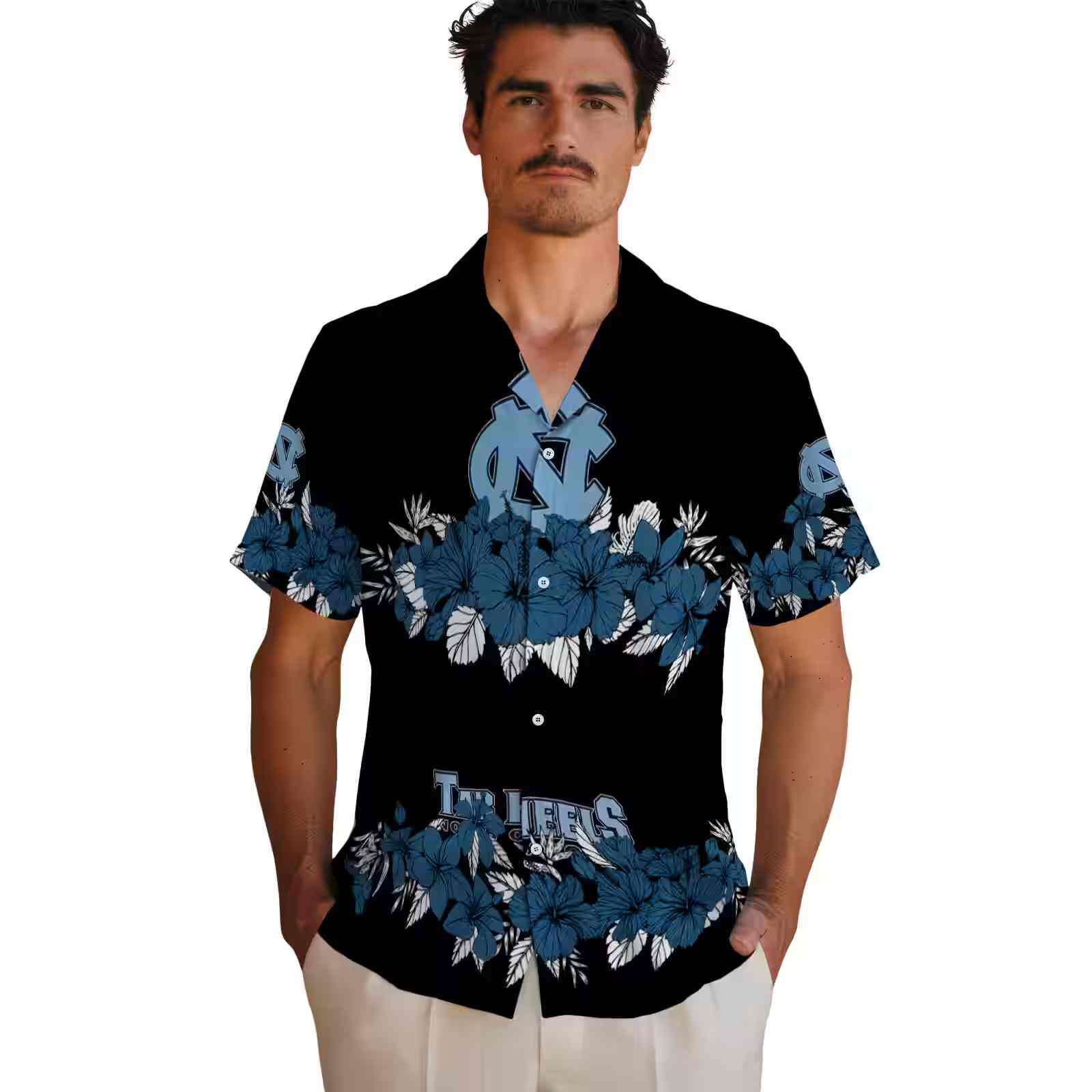 north carolina tar heels hibiscus stripe light blue black hawaiian shirt fashion forward