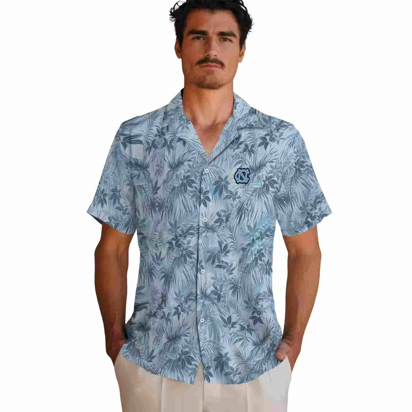 north carolina tar heels leafy pattern light blue hawaiian shirt fashion forward