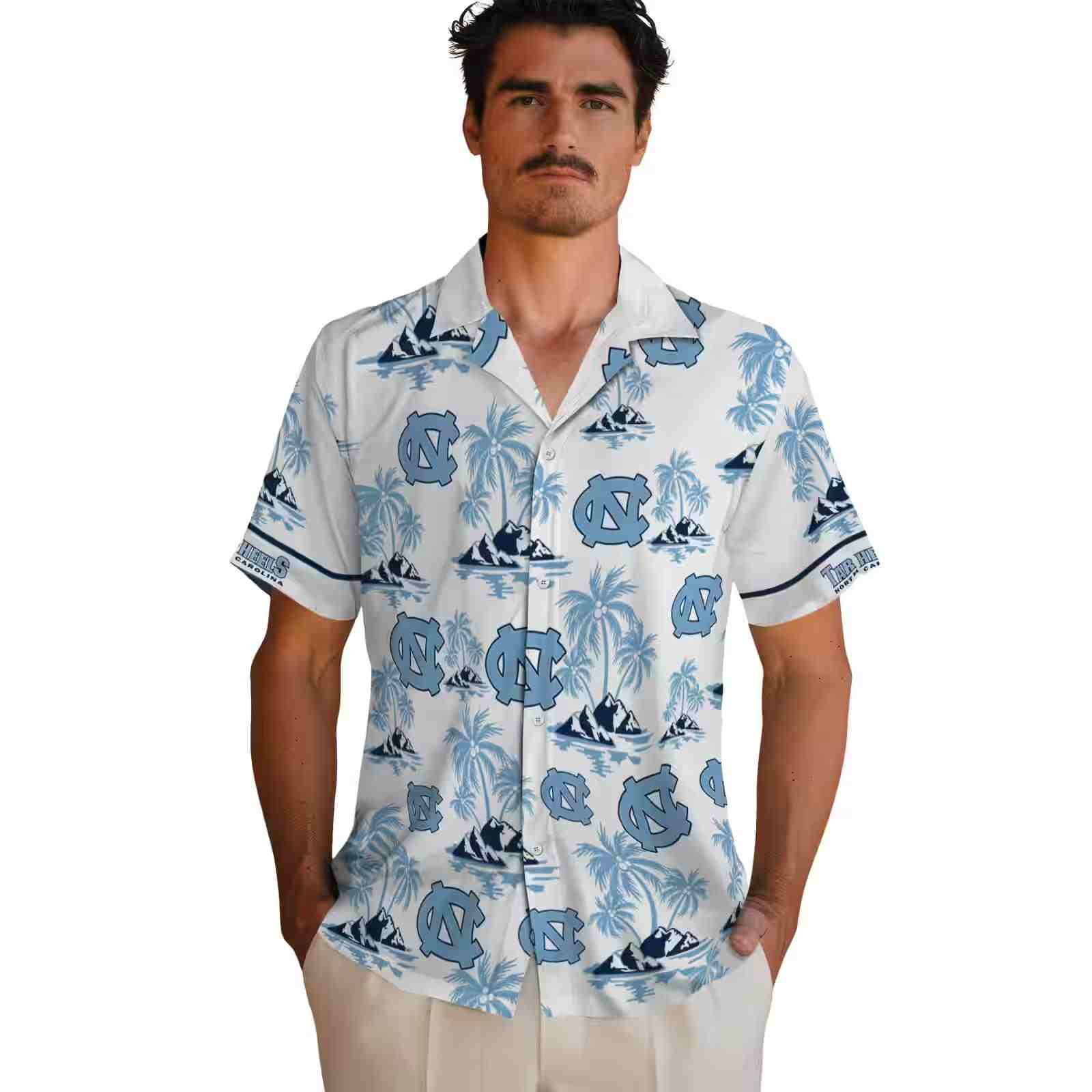 north carolina tar heels palm island print light blue white hawaiian shirt fashion forward