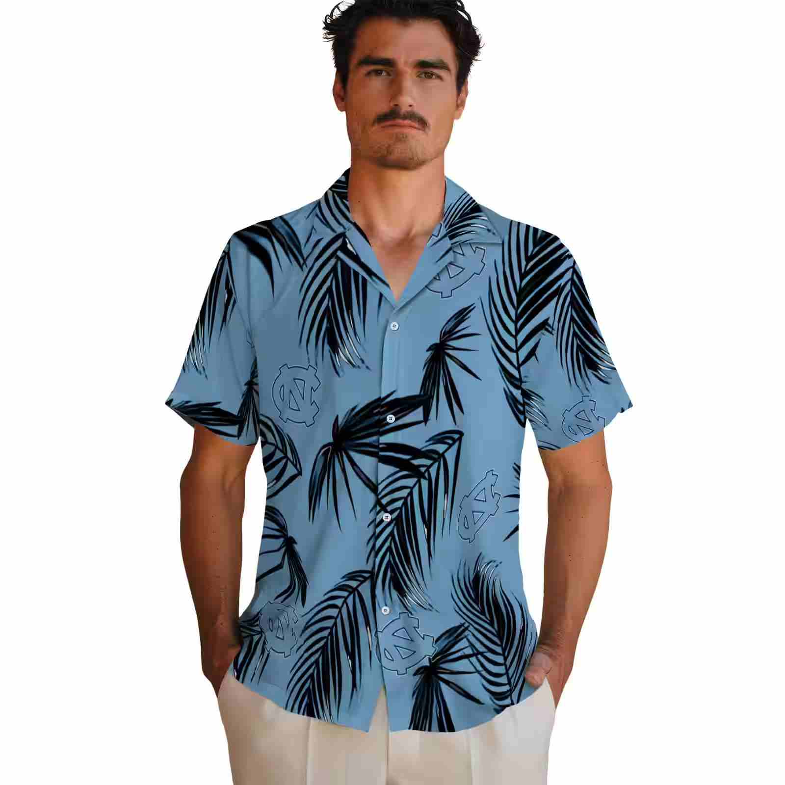 north carolina tar heels palm leaf light blue hawaiian shirt fashion forward