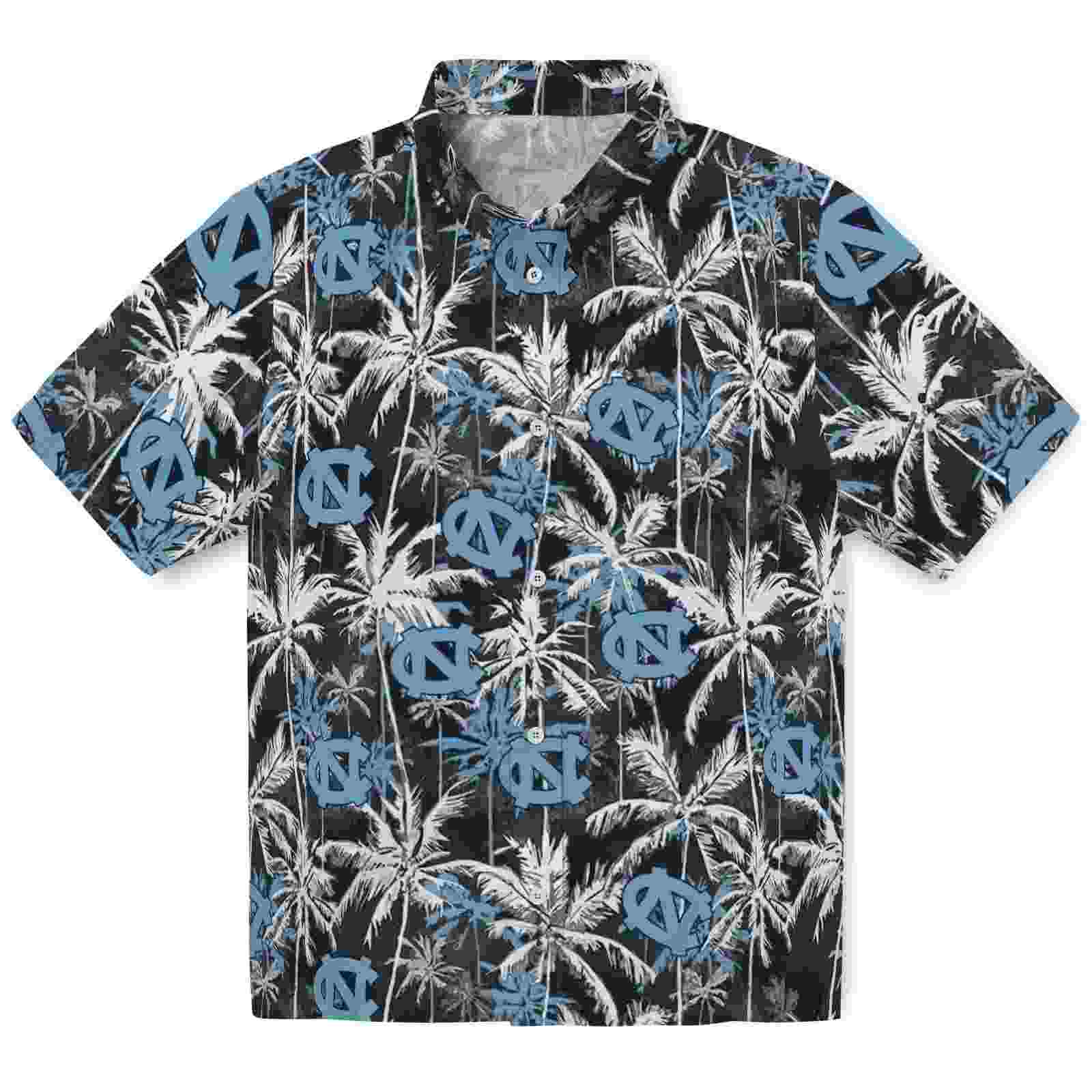 North Carolina Tar Heels Palm Pattern Light Blue Black Hawaiian Shirt