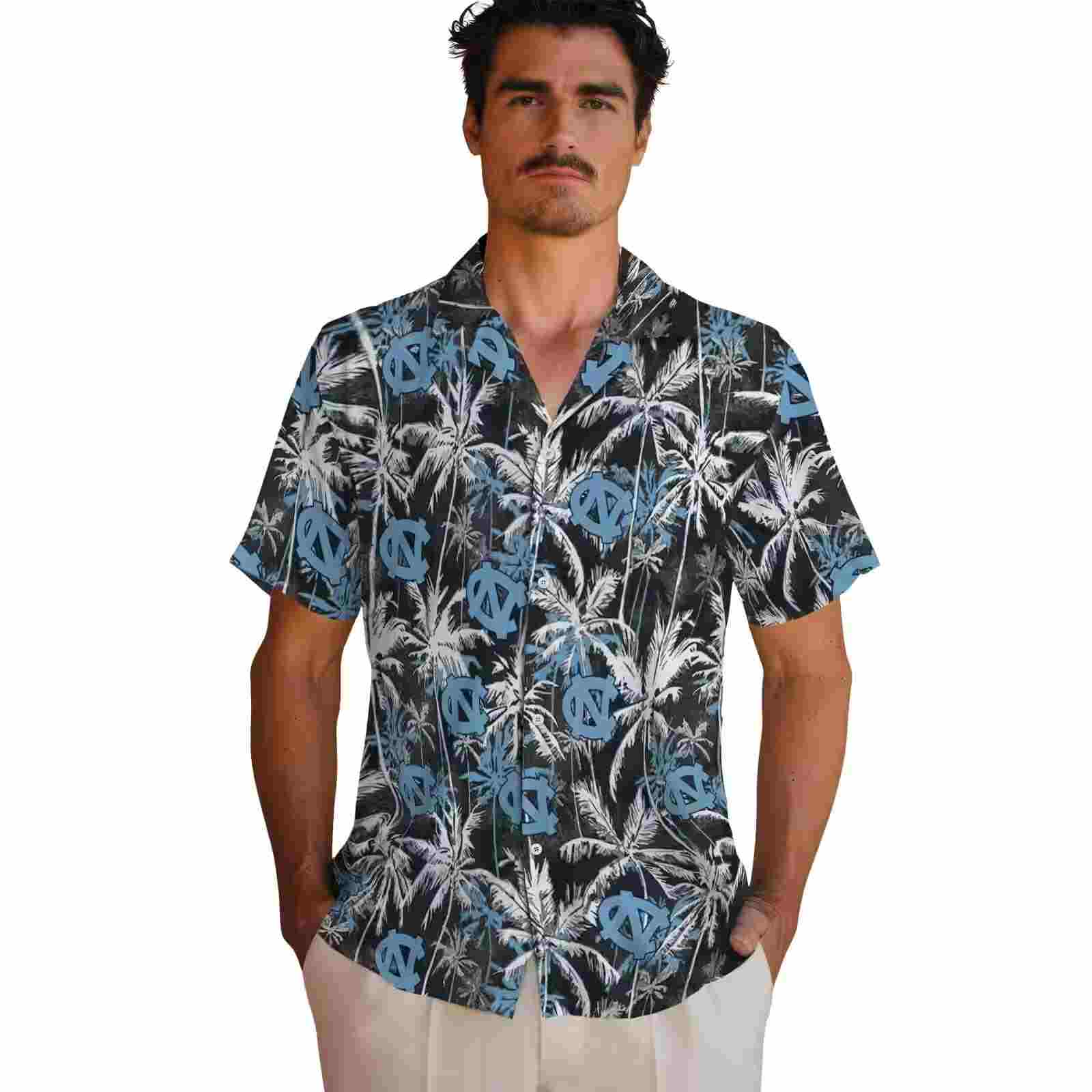 north carolina tar heels palm pattern light blue black hawaiian shirt fashion forward