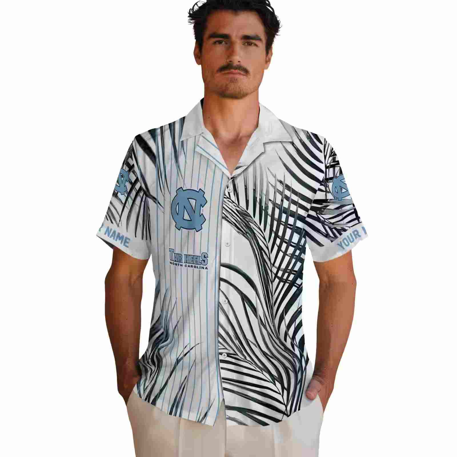 north carolina tar heels palm stripes light blue black white hawaiian shirt fashion forward