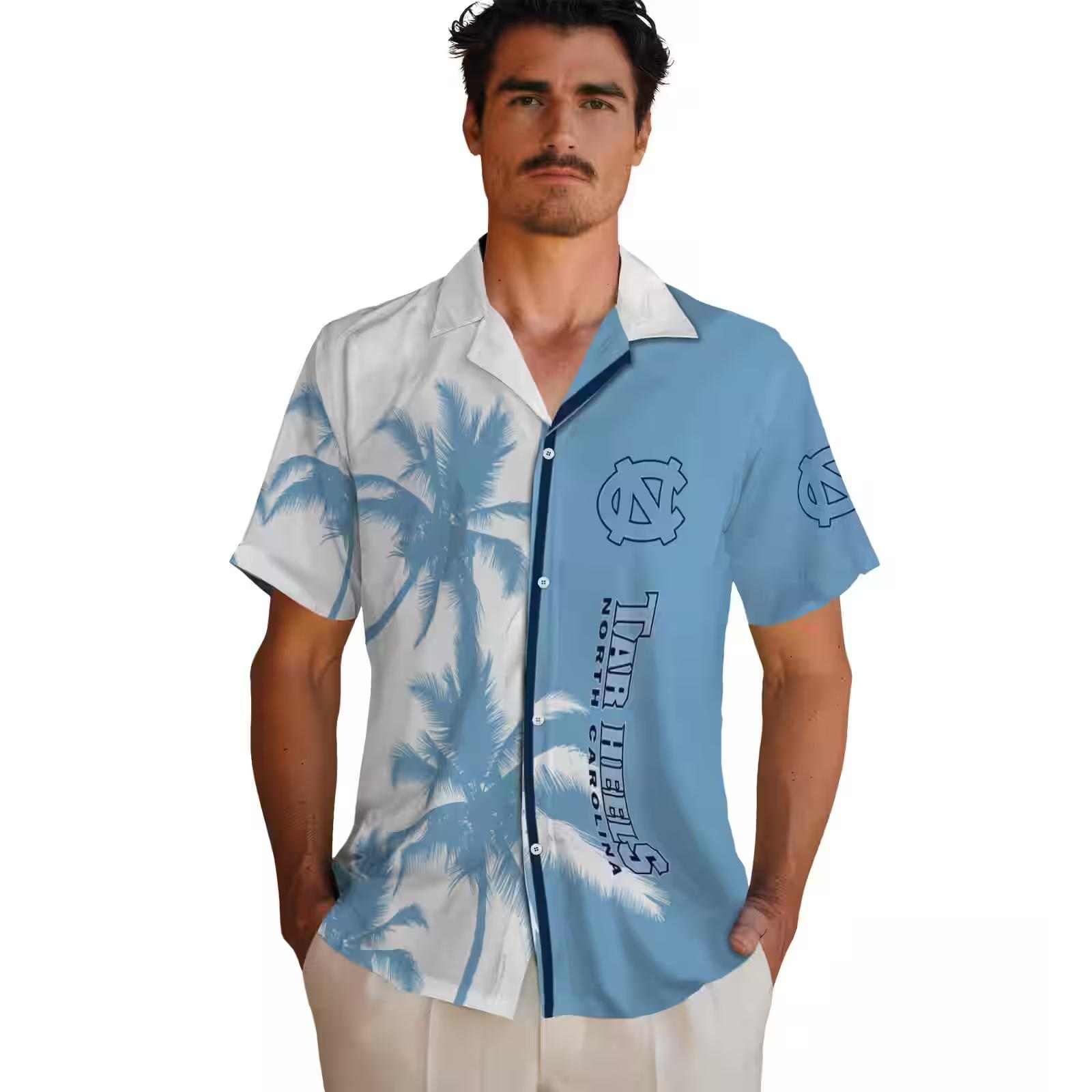 north carolina tar heels palm trees light blue white hawaiian shirt fashion forward