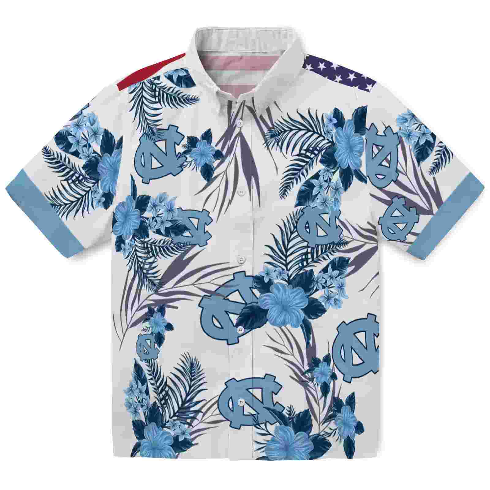 North Carolina Tar Heels Patriotic Hibiscus Design Light Blue White Hawaiian Shirt