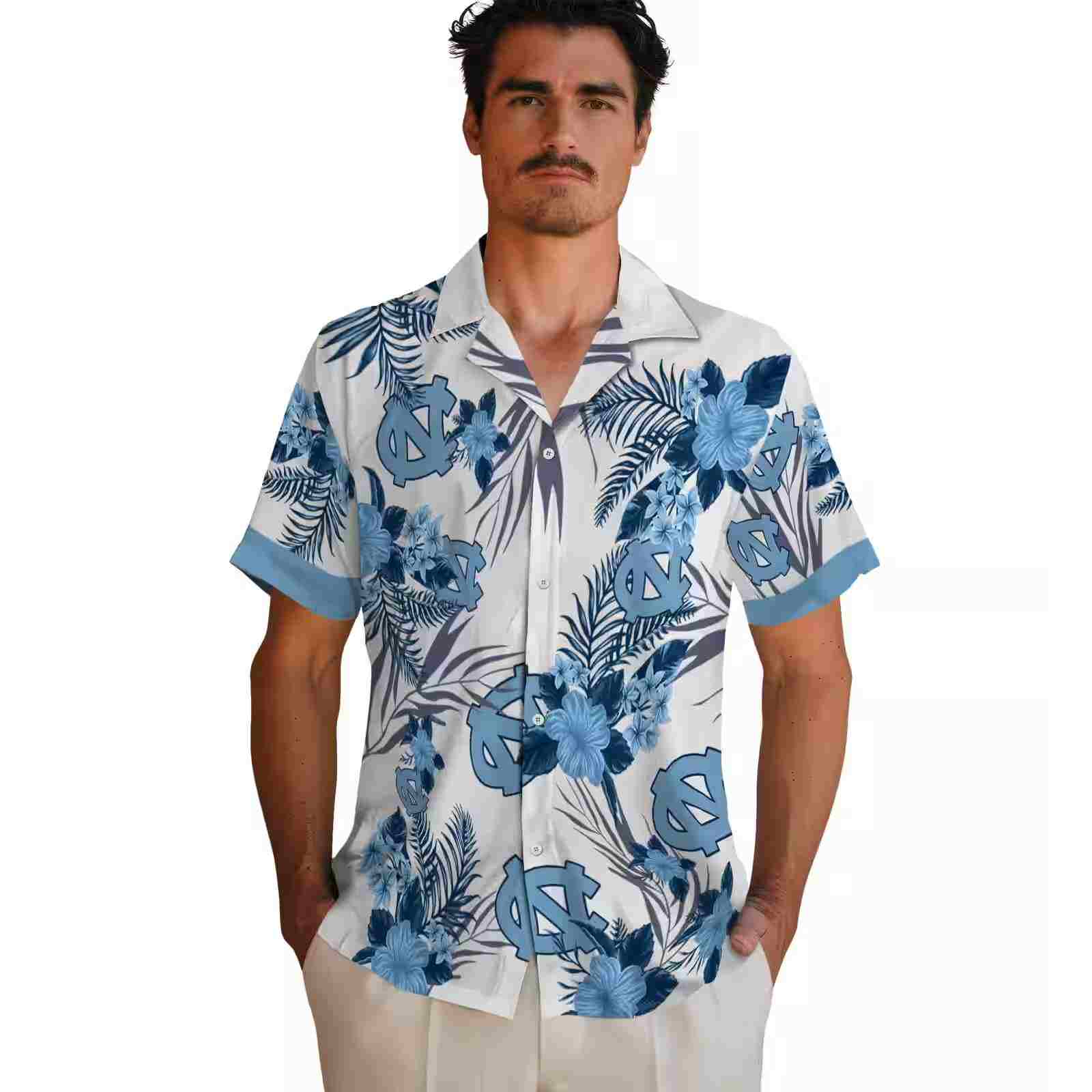 north carolina tar heels patriotic hibiscus design light blue white hawaiian shirt fashion forward