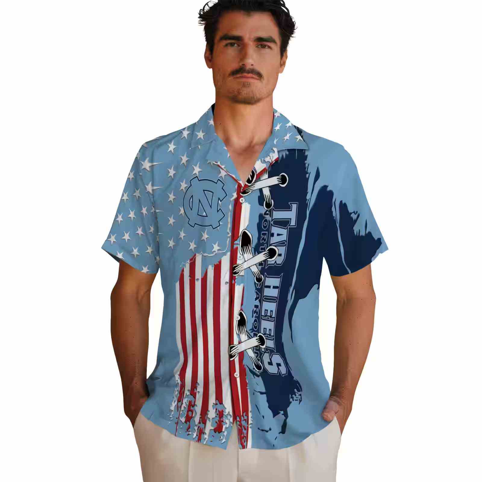 north carolina tar heels stitched flag light blue hawaiian shirt fashion forward