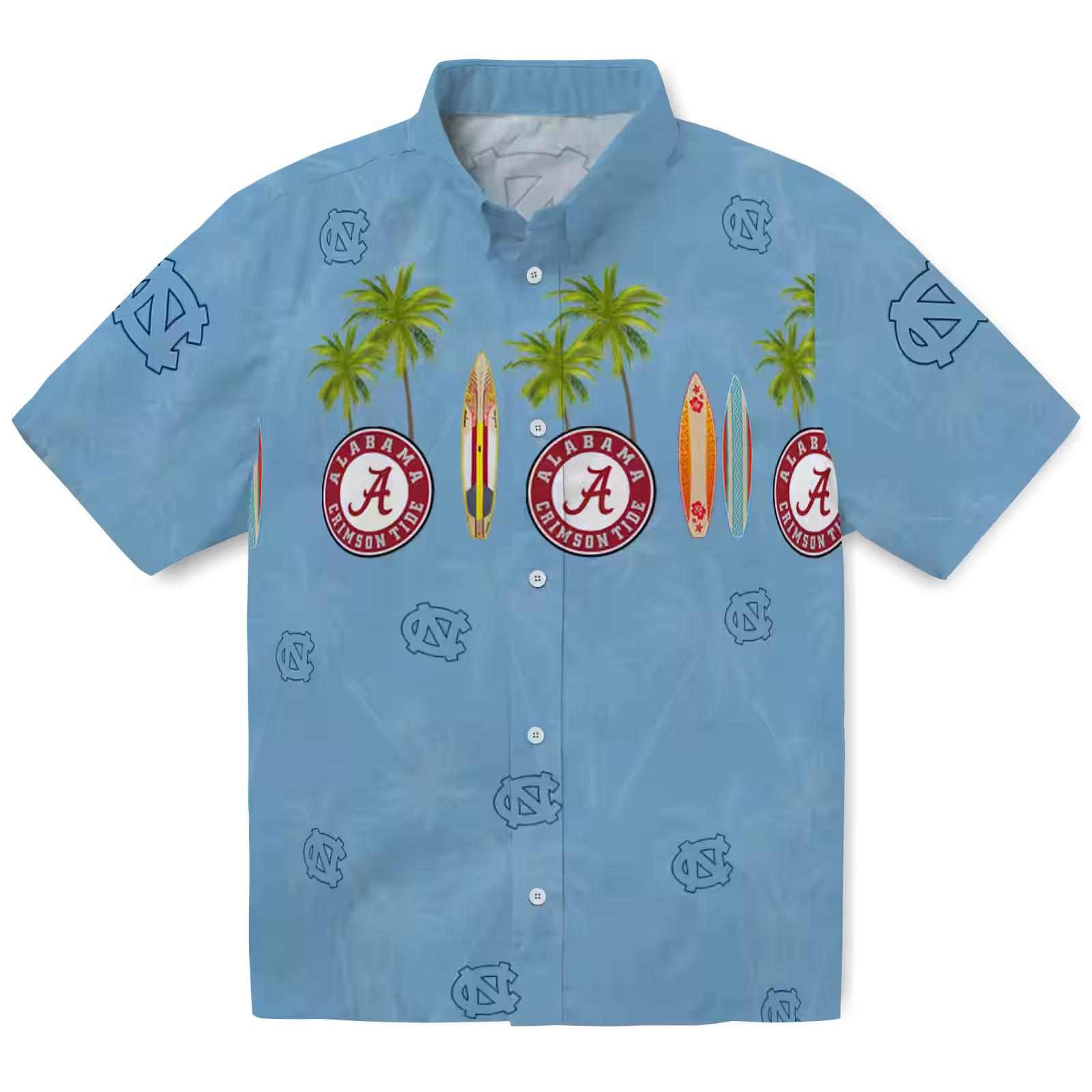 North Carolina Tar Heels Surfboard Palm Light Blue Hawaiian Shirt