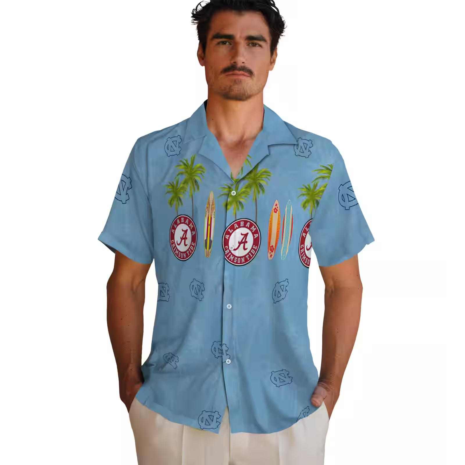 north carolina tar heels surfboard palm light blue hawaiian shirt fashion forward