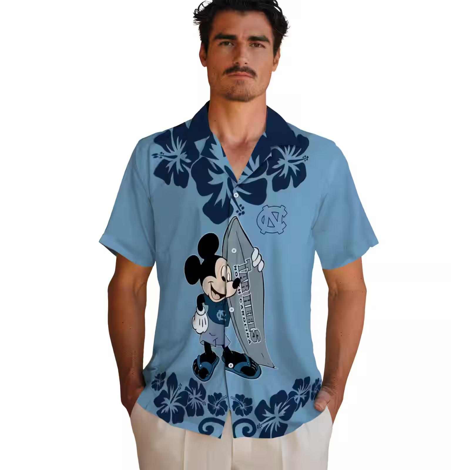 north carolina tar heels surfing mickey light blue hawaiian shirt fashion forward