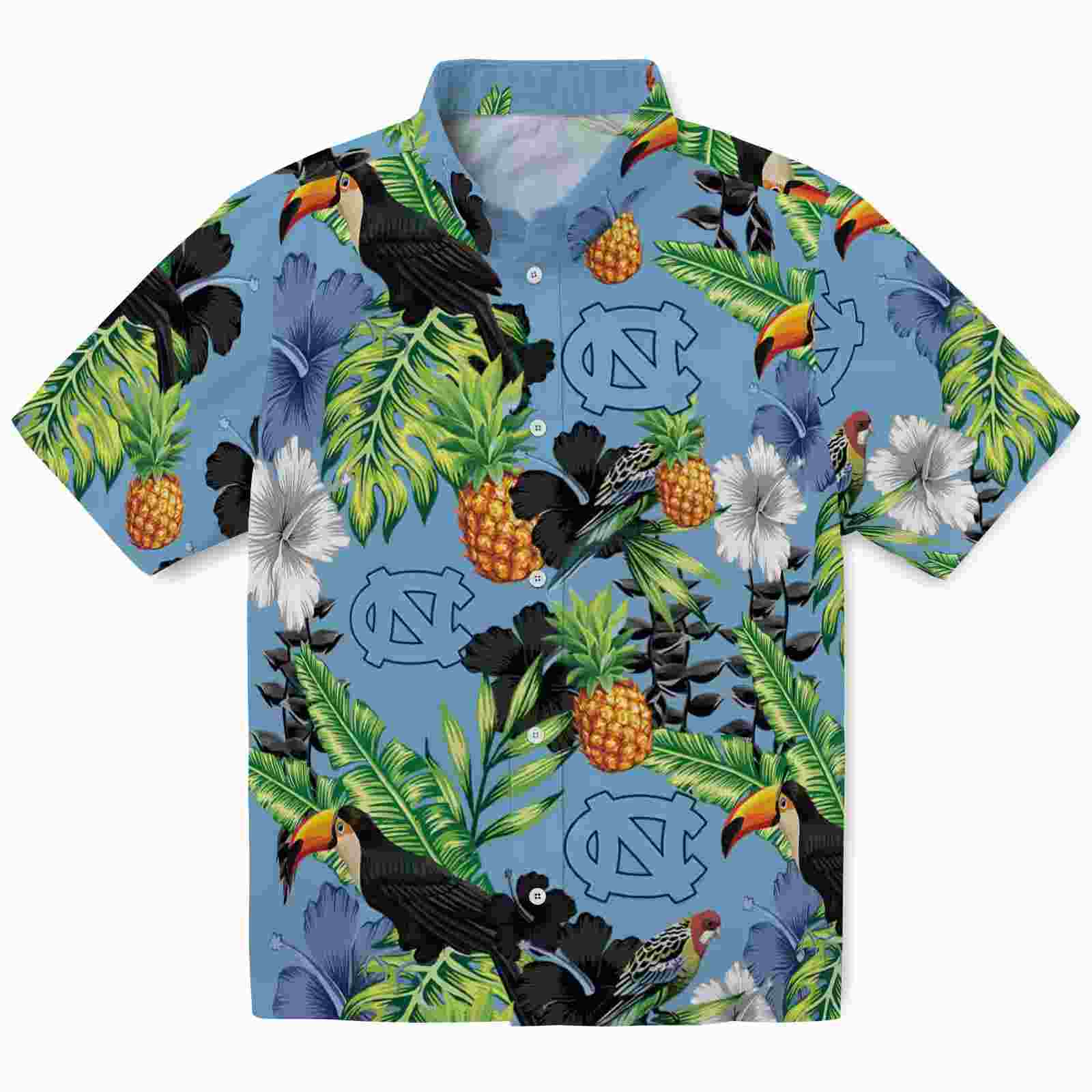 North Carolina Tar Heels Toucan Hibiscus Pineapple Light Blue Green Hawaiian Shirt