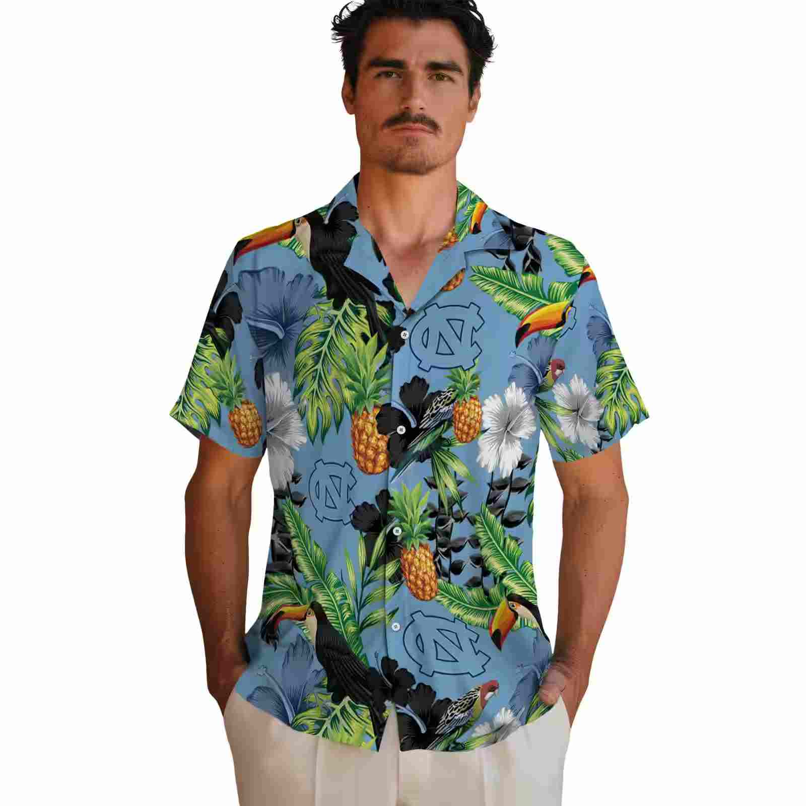 north carolina tar heels toucan hibiscus pineapple light blue green hawaiian shirt fashion forward