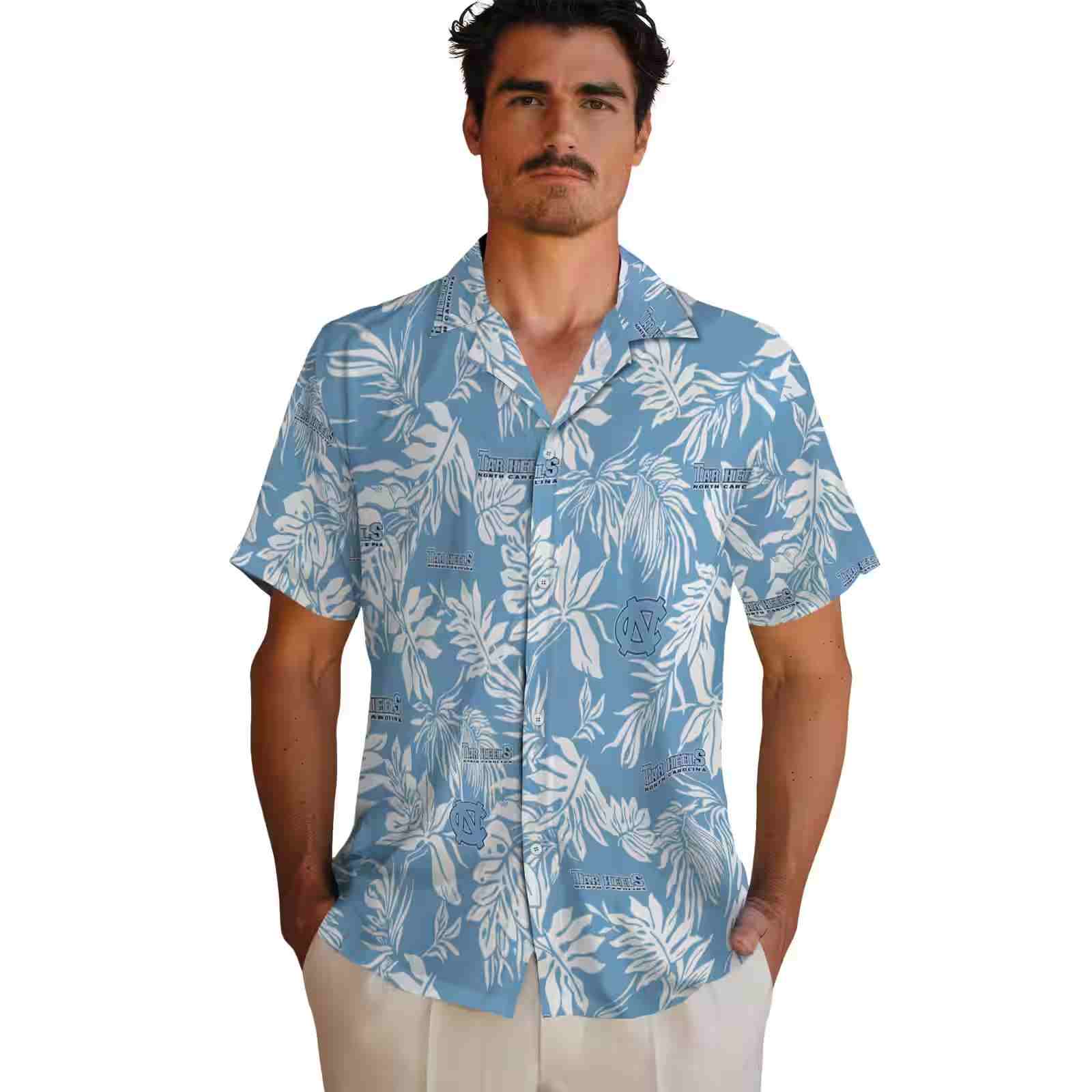 north carolina tar heels tropical leaf light blue white hawaiian shirt fashion forward