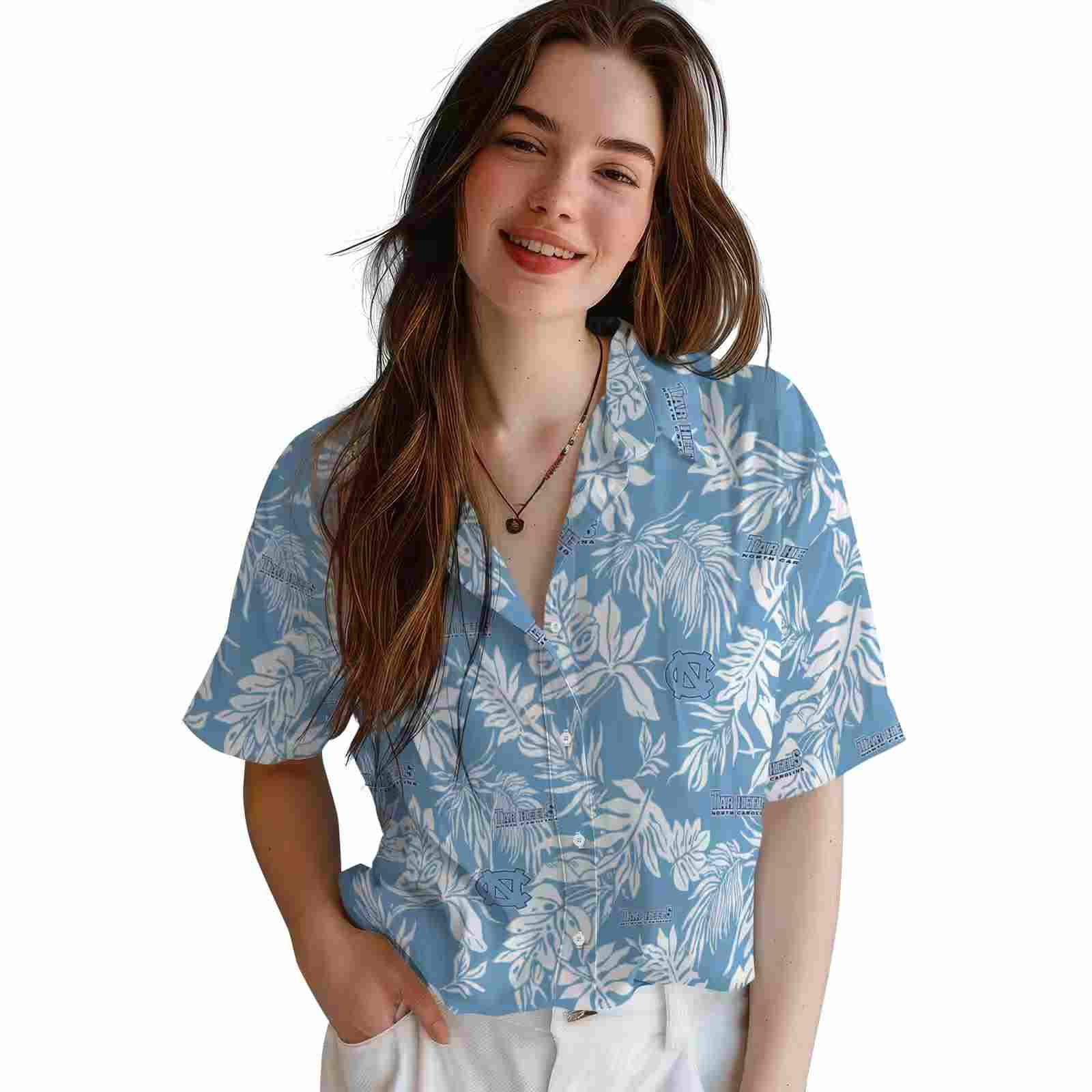 north carolina tar heels tropical leaf light blue white hawaiian shirt latest model