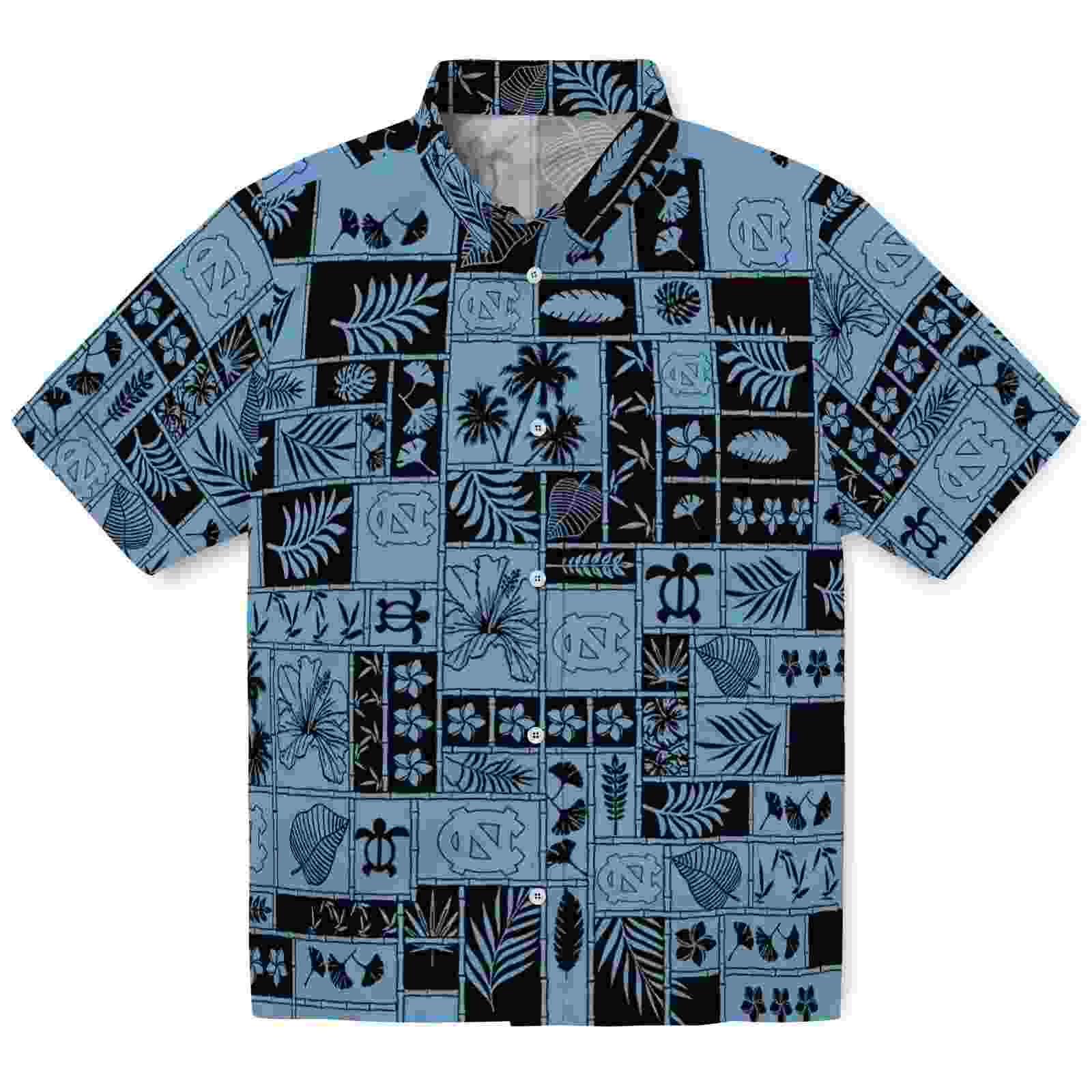 North Carolina Tar Heels Tropical Patchwork Light Blue Black Hawaiian Shirt