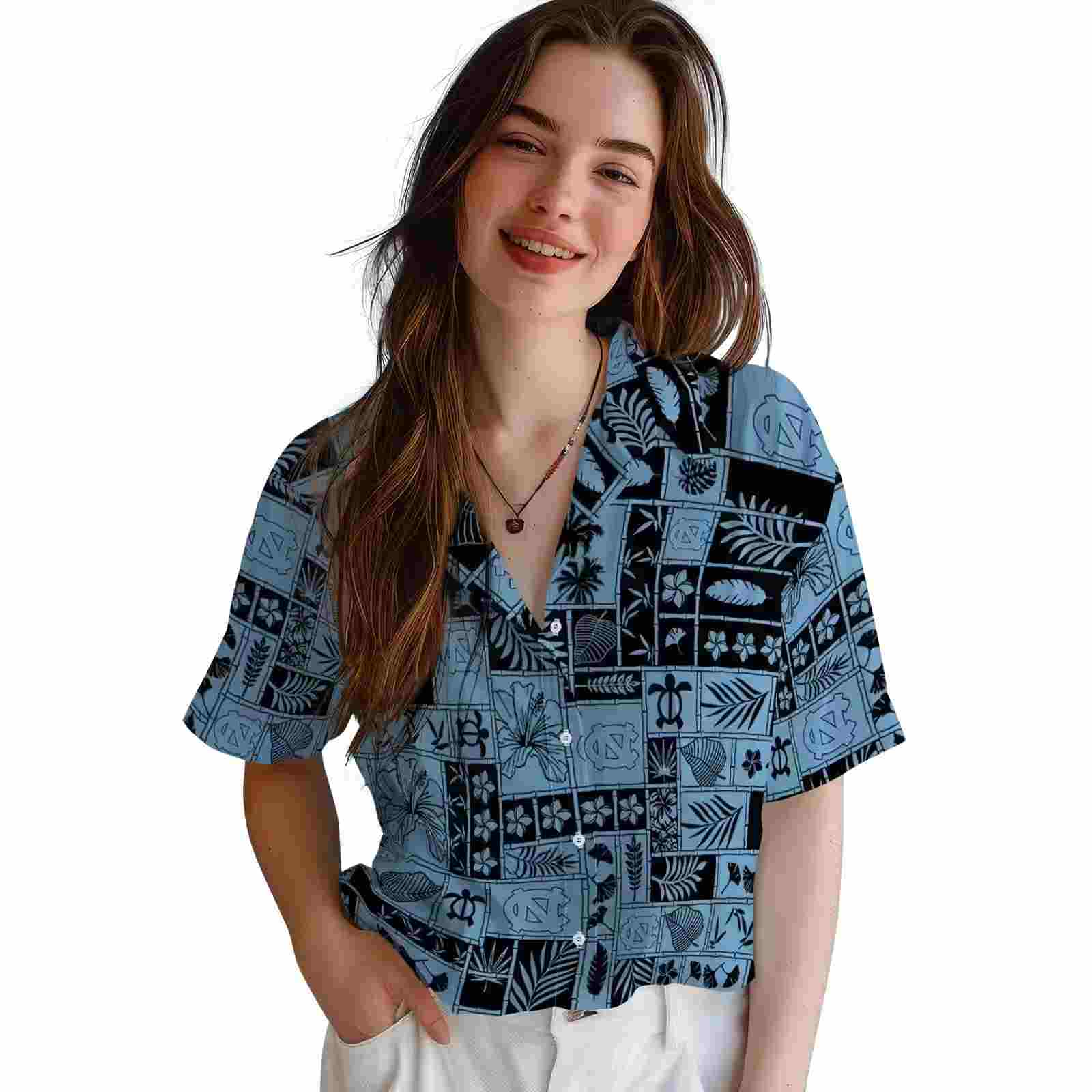 north carolina tar heels tropical patchwork light blue black hawaiian shirt latest model