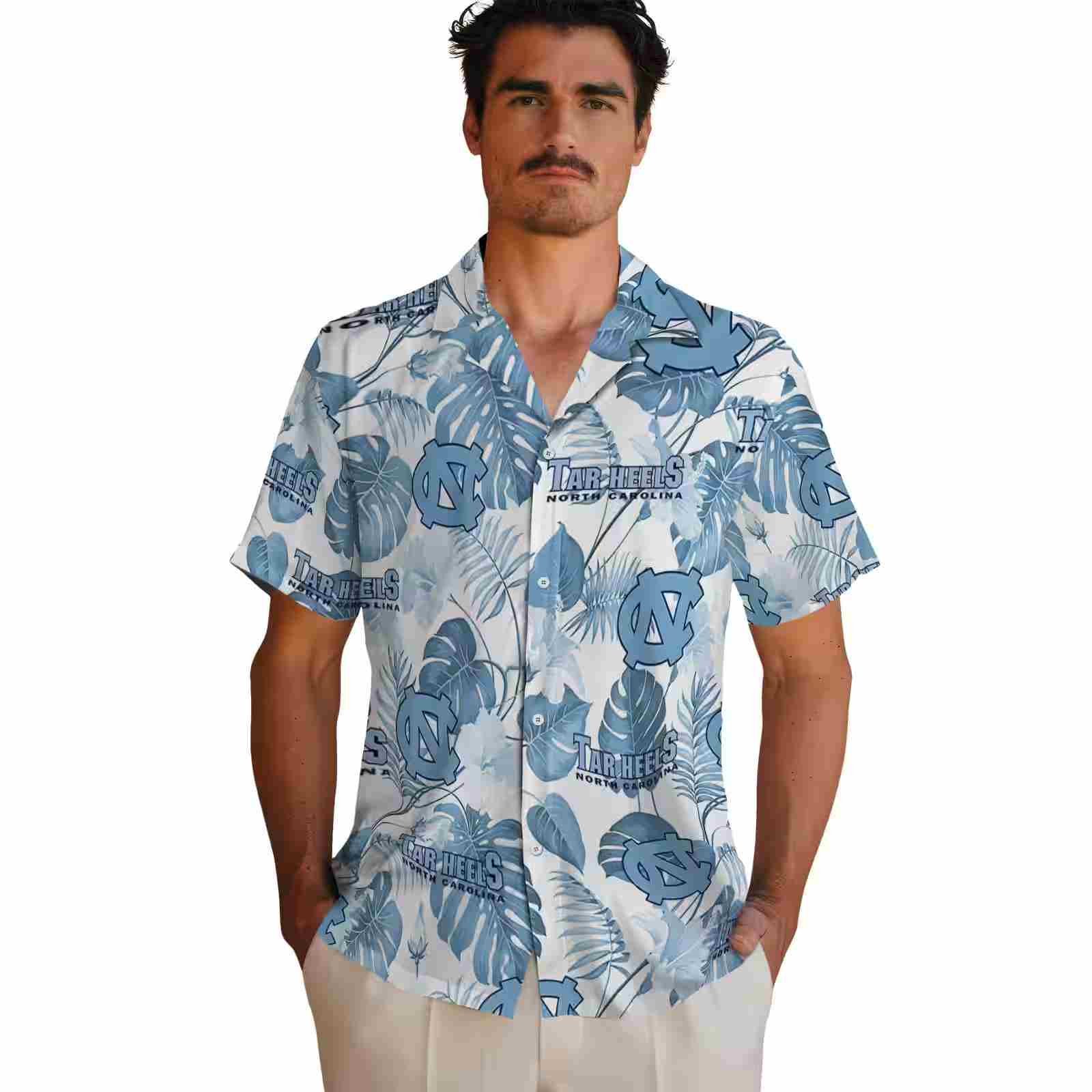 north carolina tar heels tropical plants light blue white hawaiian shirt fashion forward