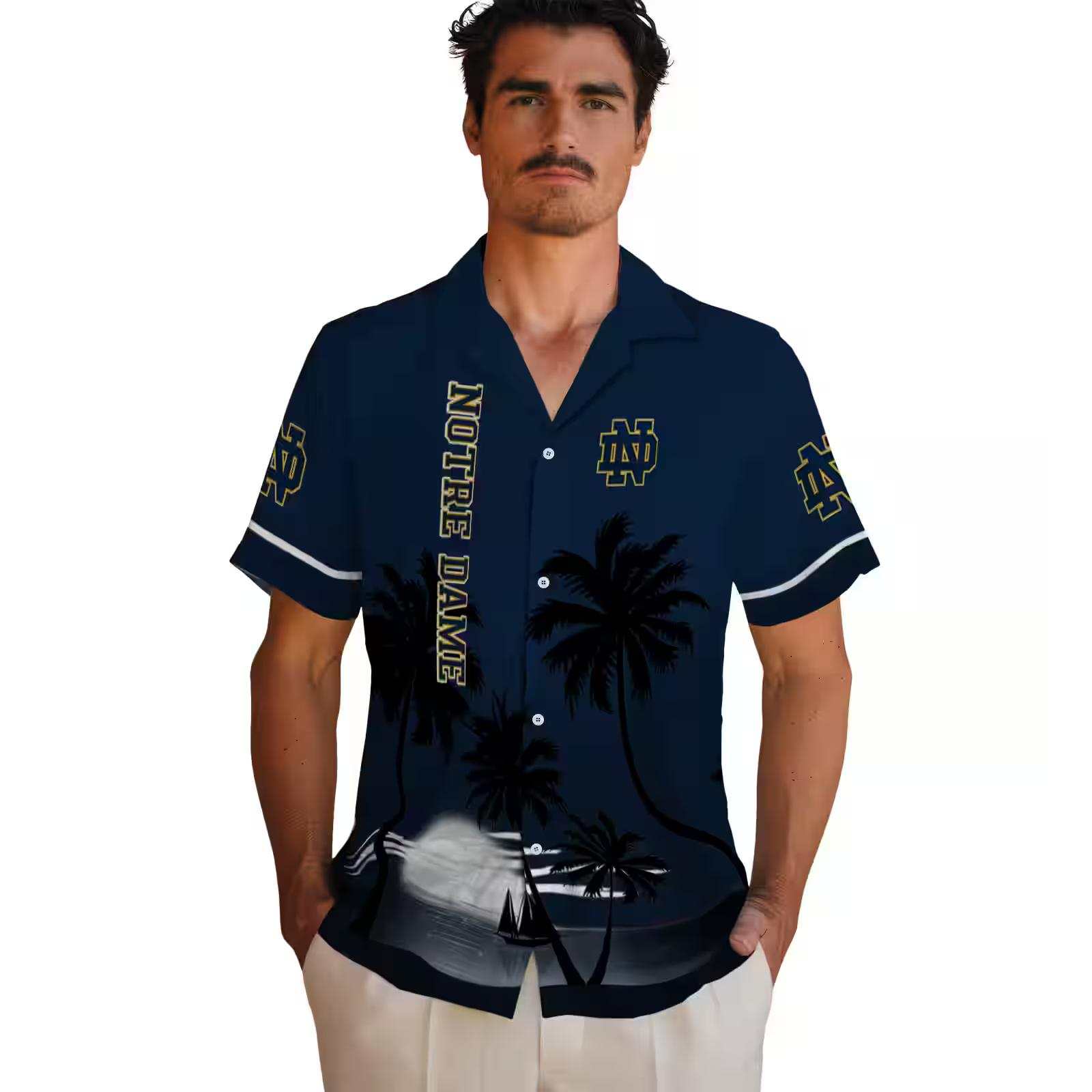 notre dame fighting irish beach sunset navy black hawaiian shirt fashion forward