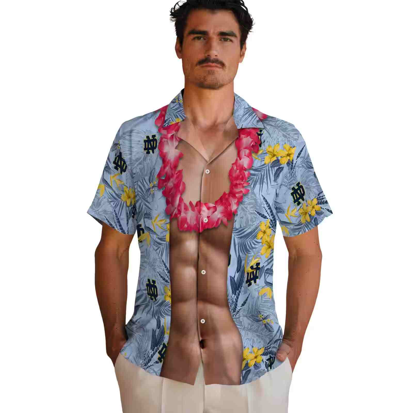 notre dame fighting irish chest illusion navy hawaiian shirt fashion forward