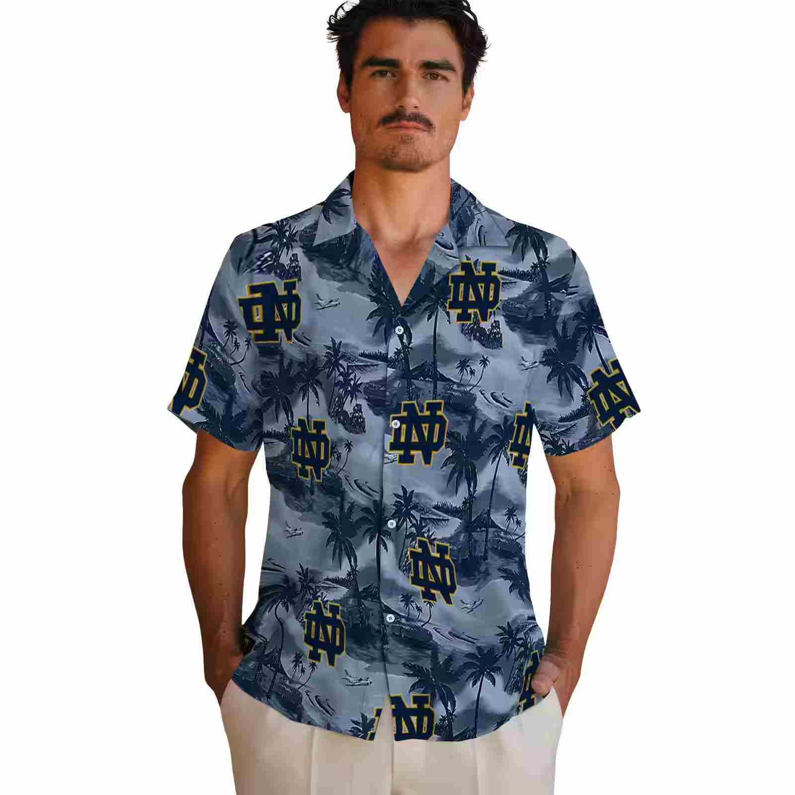 notre dame fighting irish coastal palms navy hawaiian shirt fashion forward