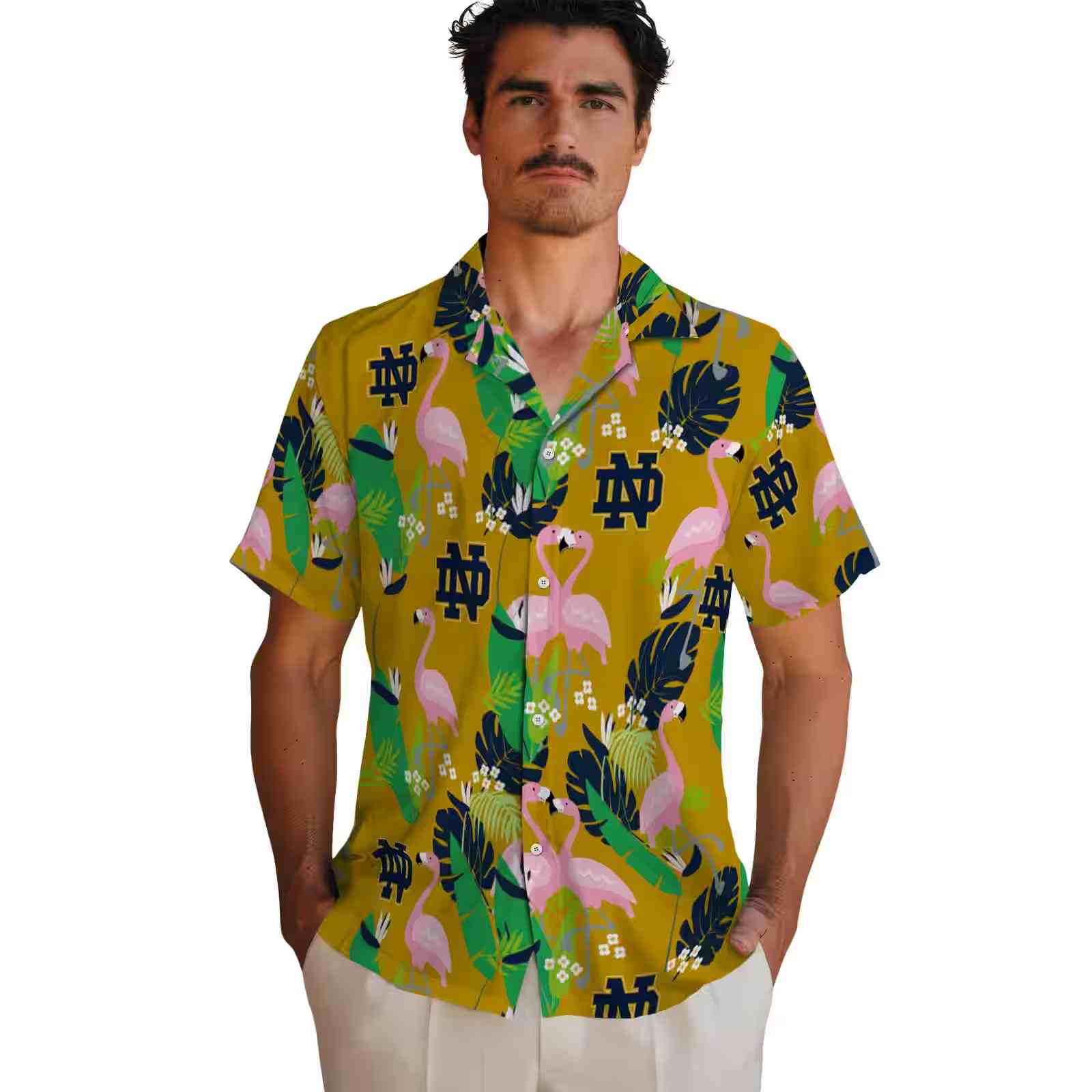 notre dame fighting irish flamingo foliage navy green hawaiian shirt fashion forward