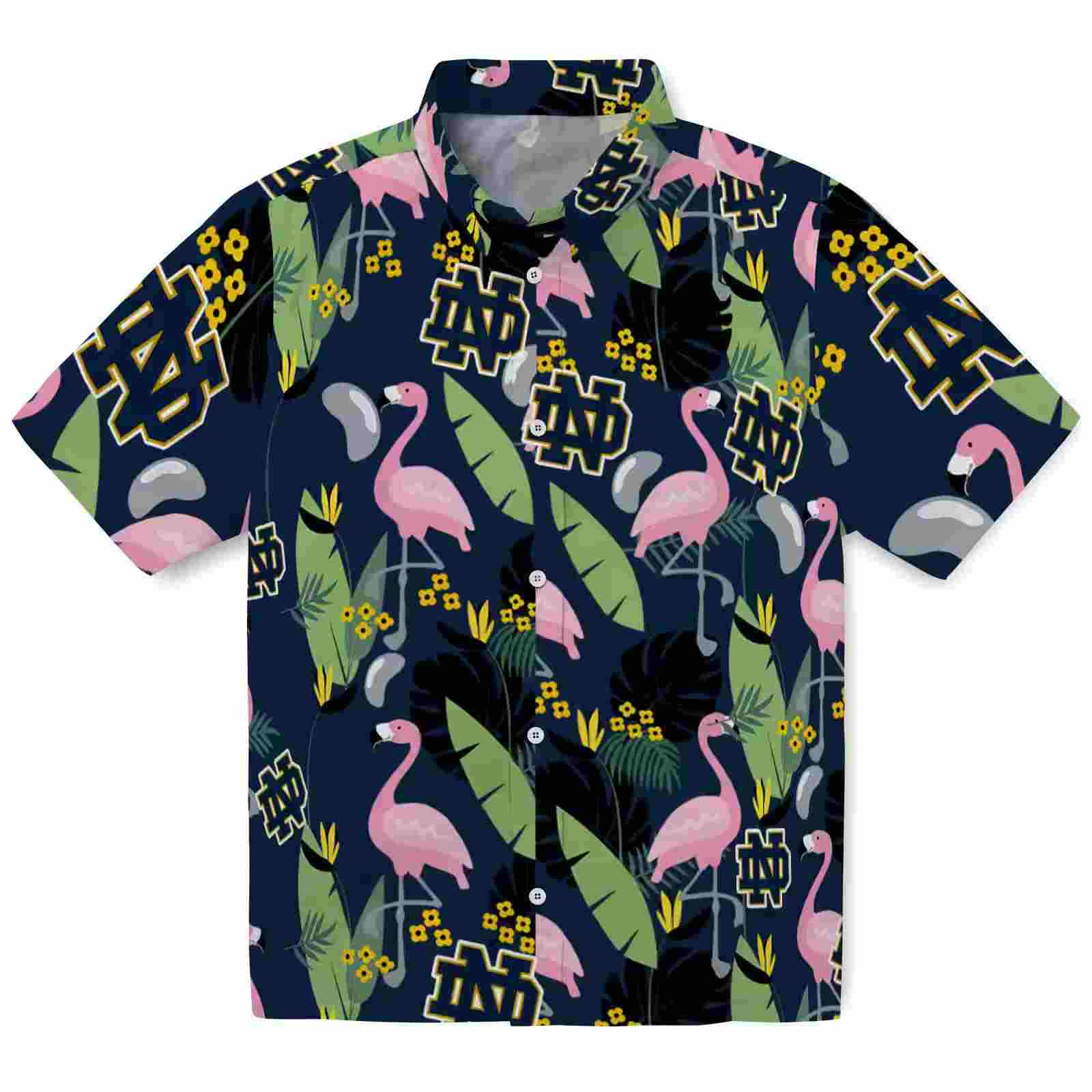 Notre Dame Fighting Irish Flamingo Leaves Navy Hawaiian Shirt