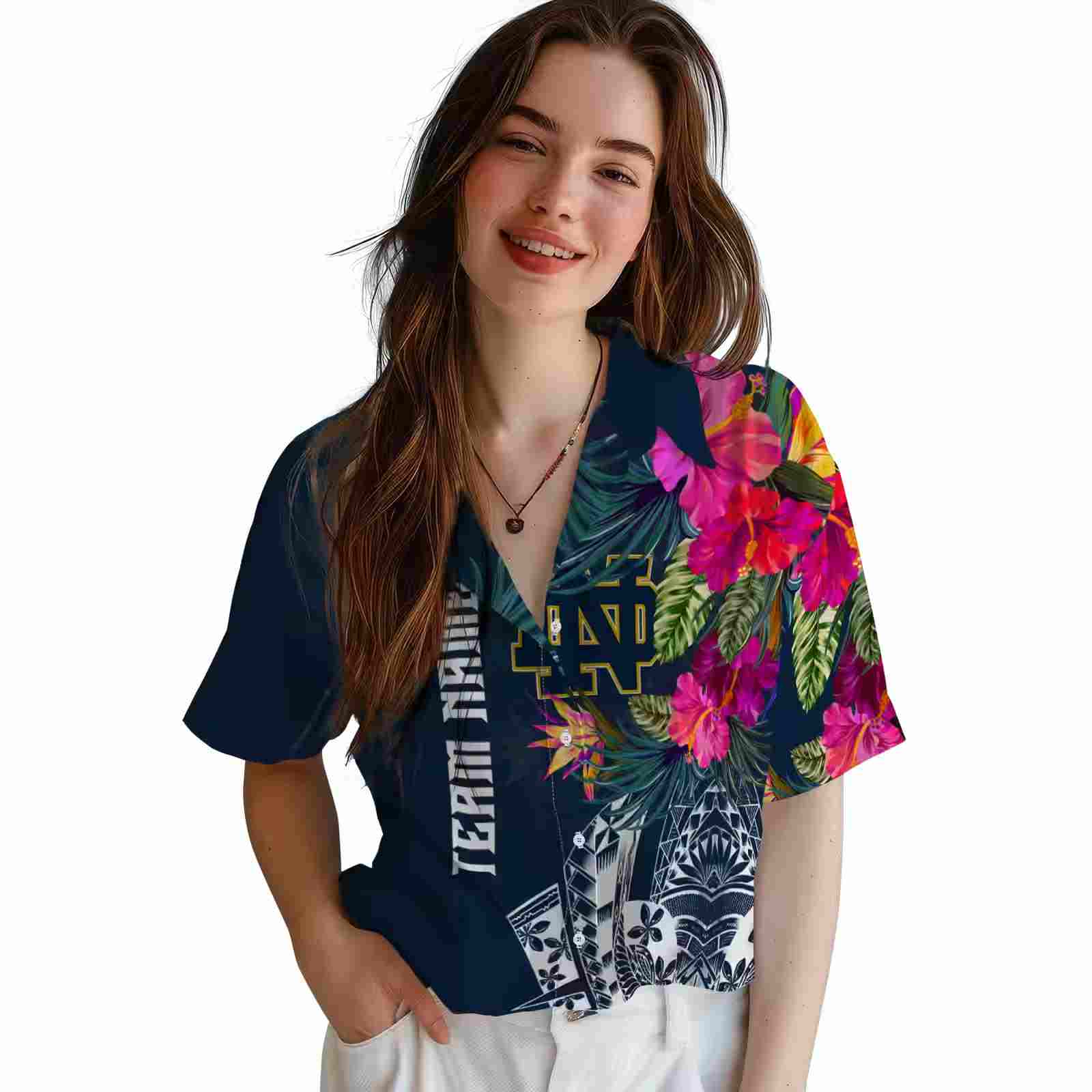 notre dame fighting irish floral polynesian navy hawaiian shirt latest model