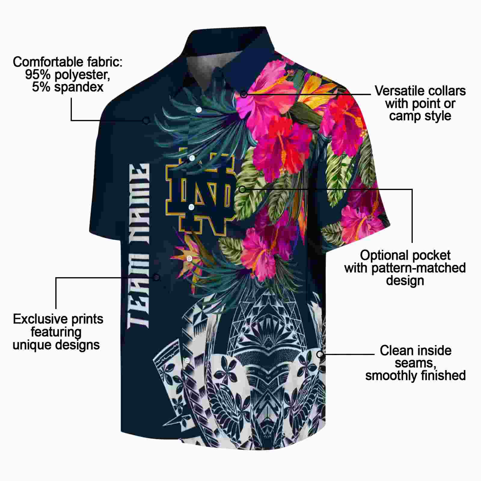 notre dame fighting irish floral polynesian navy hawaiian shirt new arrival