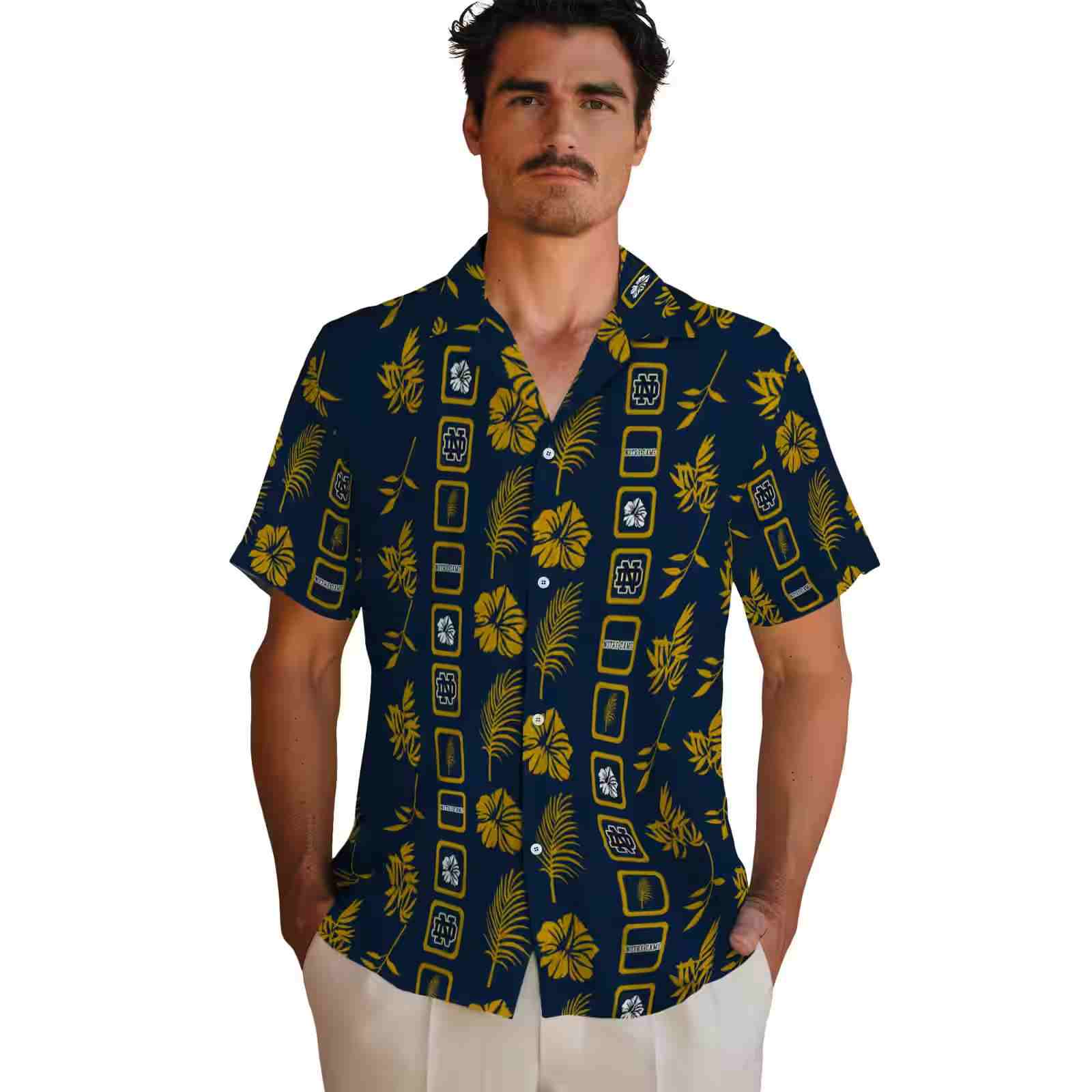 notre dame fighting irish framed floral navy hawaiian shirt fashion forward