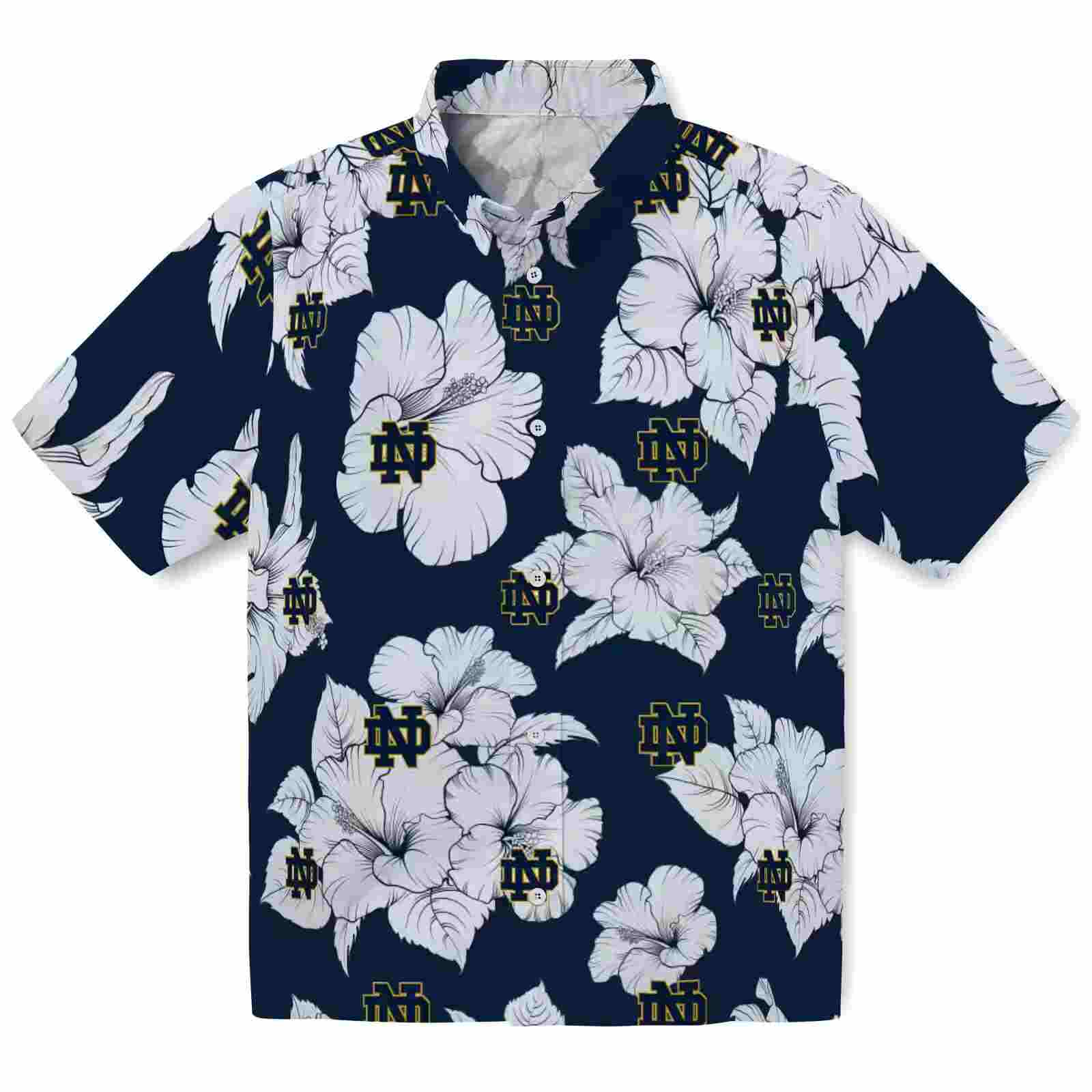 Notre Dame Fighting Irish Hibiscus Blooms Navy White Hawaiian Shirt