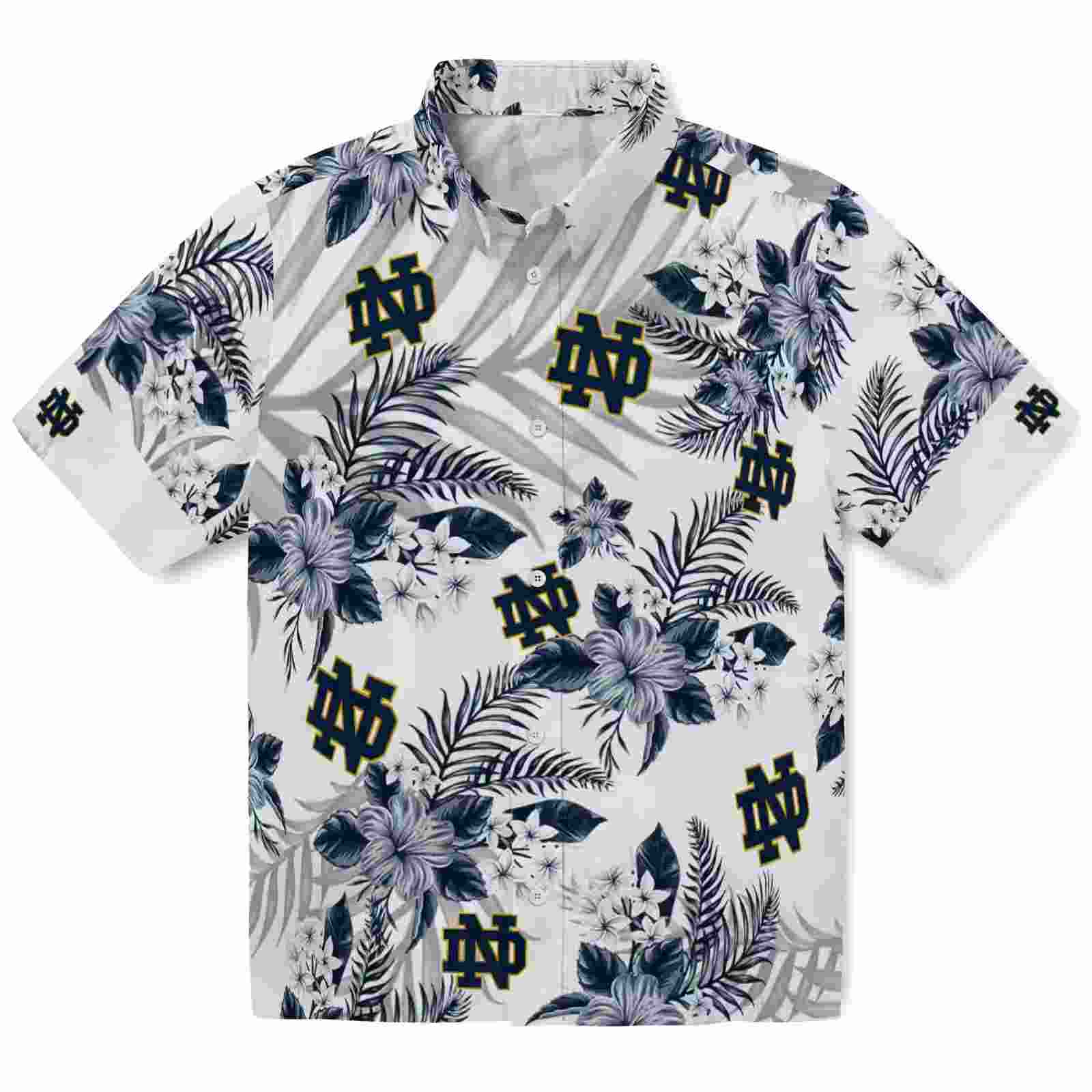 Notre Dame Fighting Irish Hibiscus Palm Leaves Navy White Hawaiian Shirt