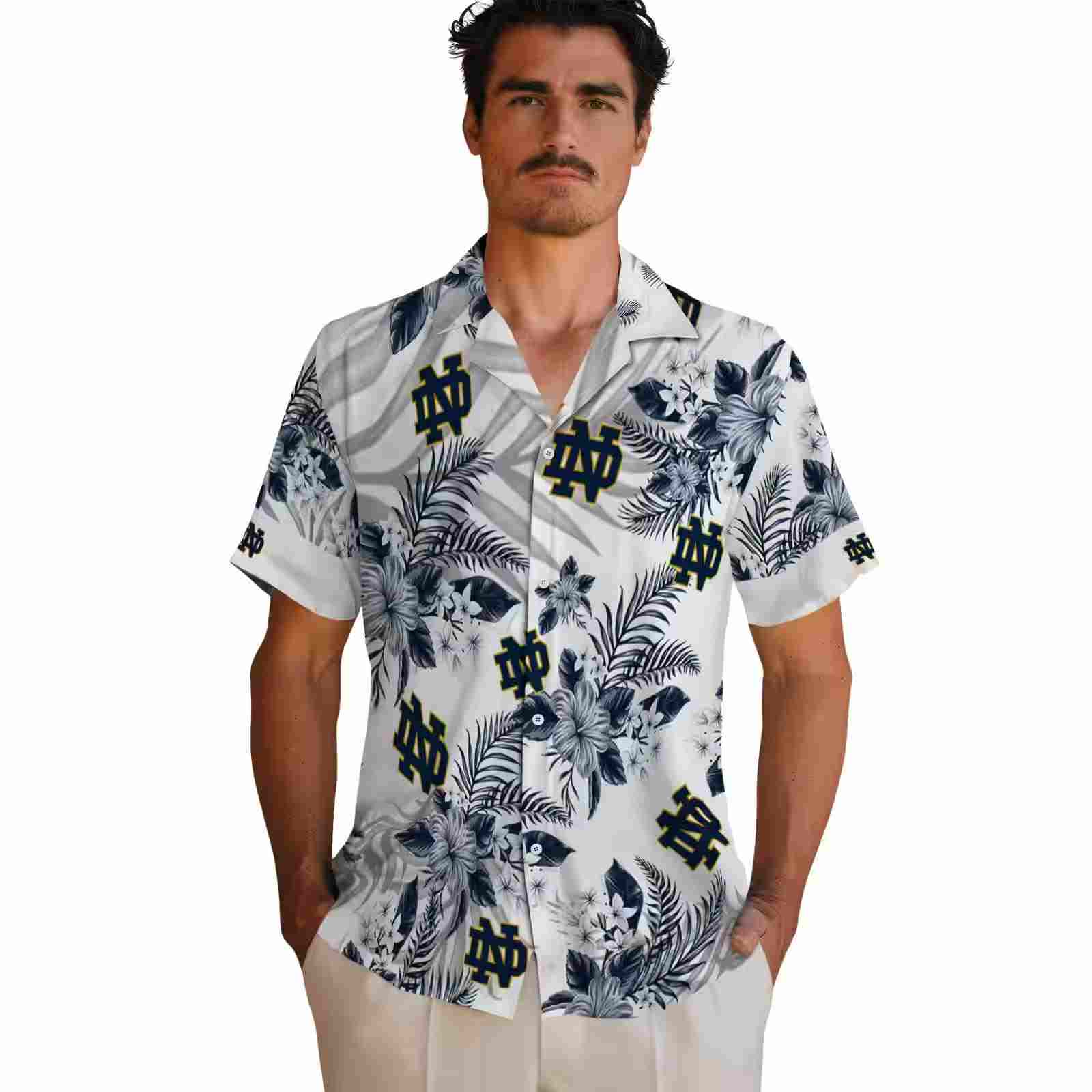 notre dame fighting irish hibiscus palm leaves navy white hawaiian shirt fashion forward