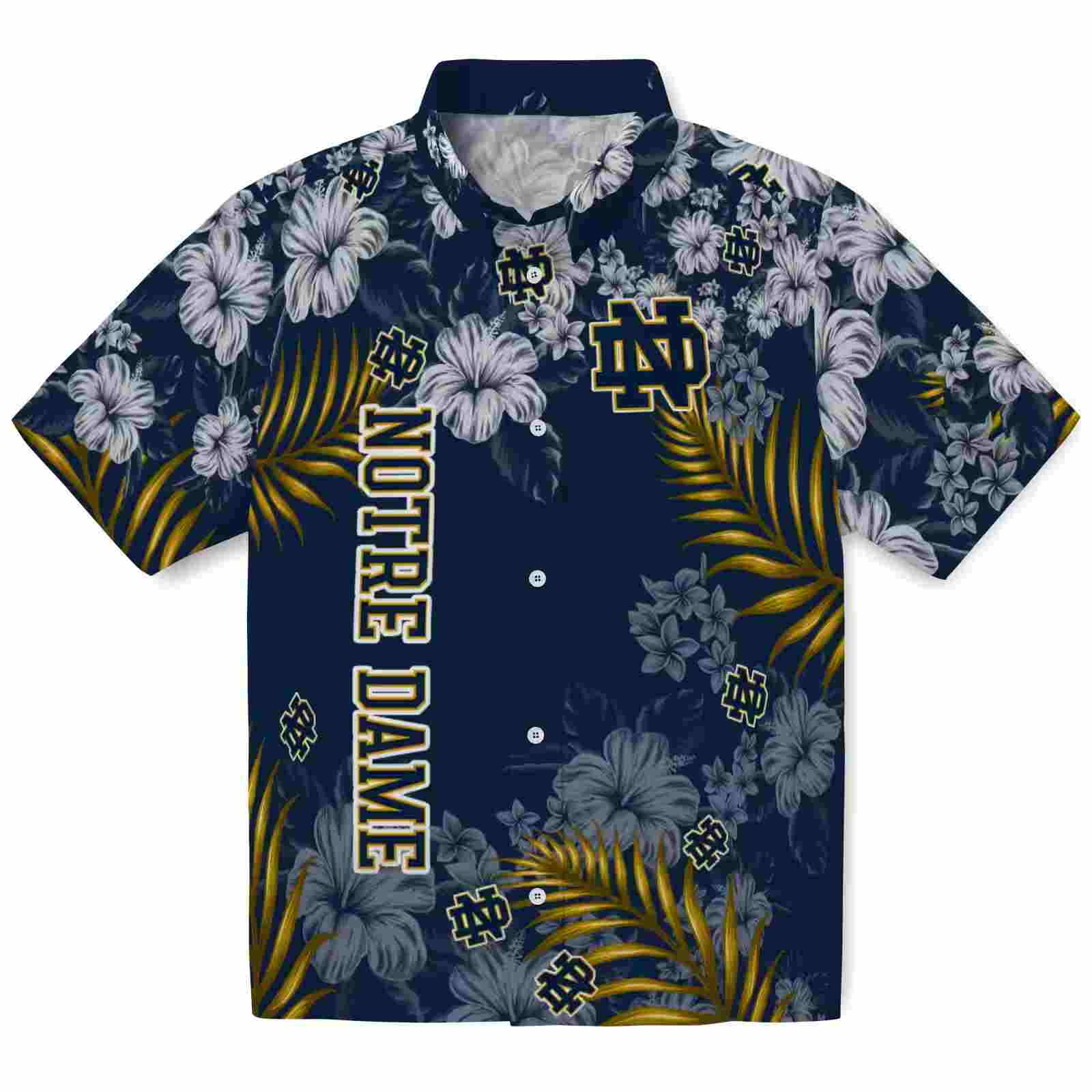 Notre Dame Fighting Irish Hibiscus Print Navy Hawaiian Shirt