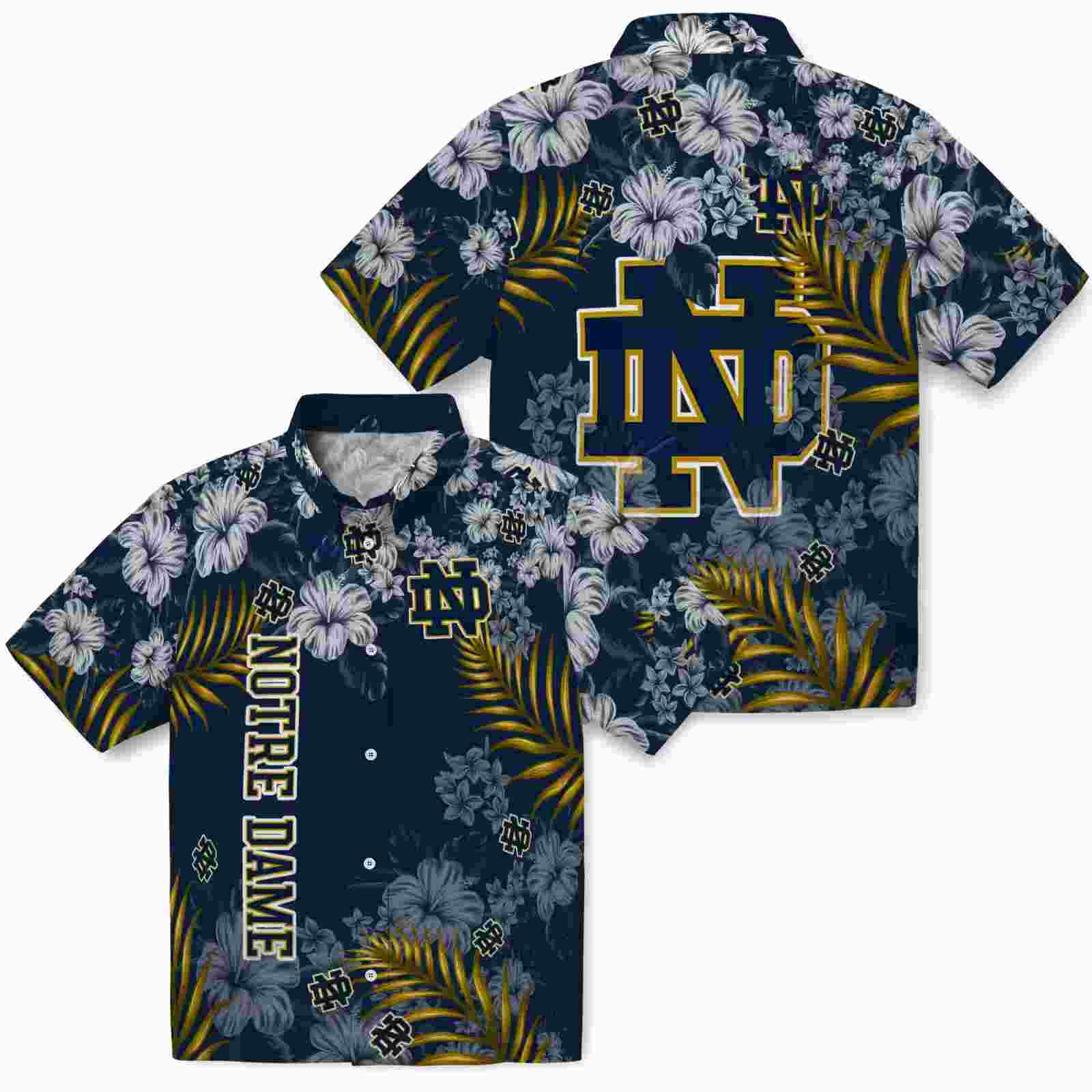 notre dame fighting irish hibiscus print navy hawaiian shirt high quality