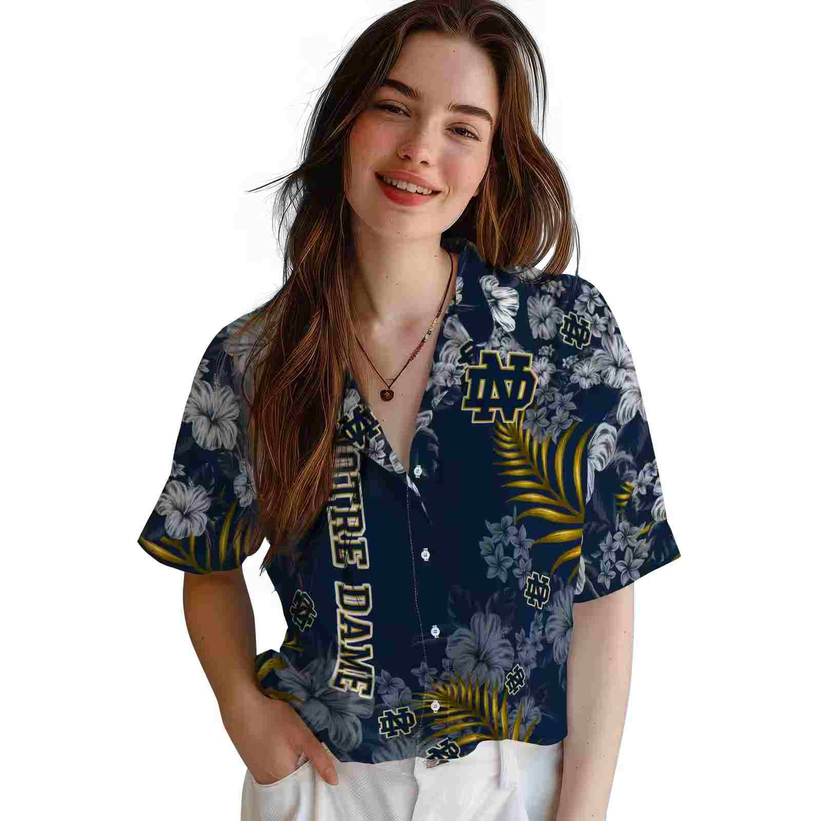 notre dame fighting irish hibiscus print navy hawaiian shirt latest model