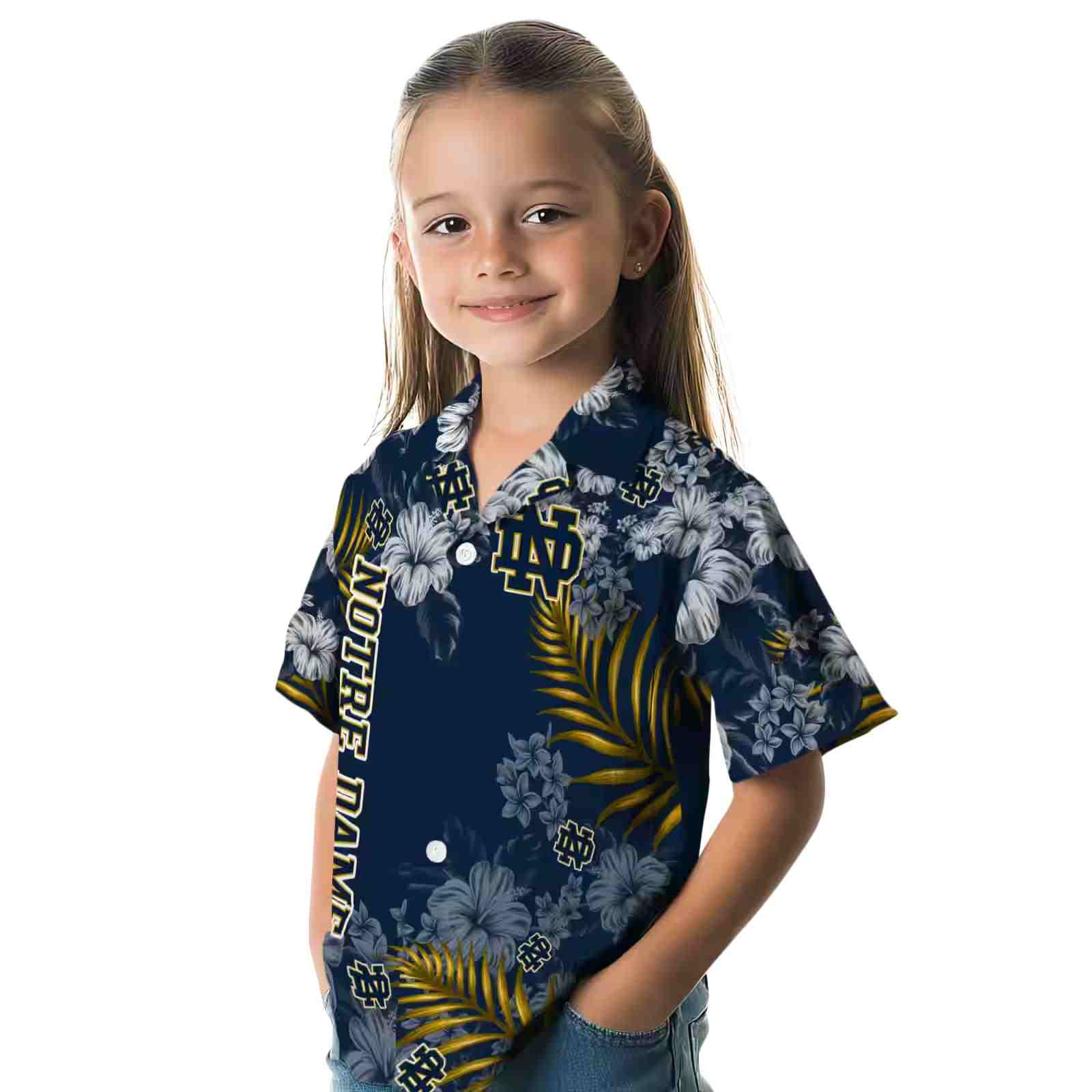 notre dame fighting irish hibiscus print navy hawaiian shirt premium grade