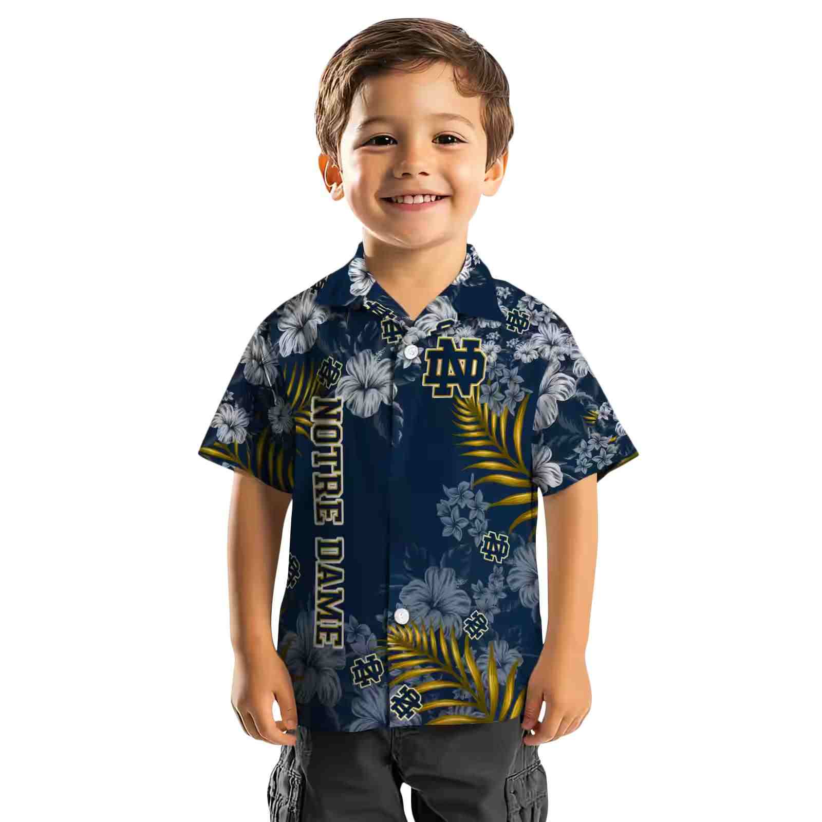 notre dame fighting irish hibiscus print navy hawaiian shirt top rated